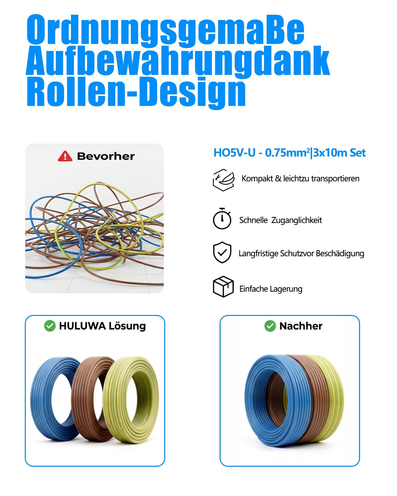 Cable H05V-U 0,75mm² -Kit 3 Colores (Azul, Marrón, Verde-Amarillo) 3x10m - Cable Rígido Monoconductor de Cobre con Aislamiento PVC - 300/500V