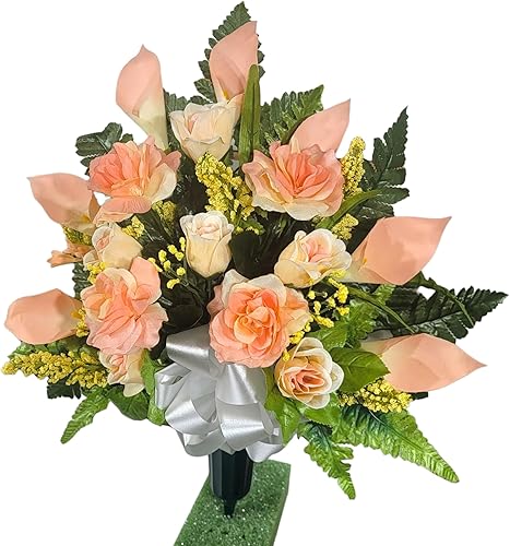 Miniatura 4 de Realistic Artificial Cemetery Flowers - Silk Faux Floral Peach Rose and Calla Lily Bouquet for Grave - 1 Headstone Decoration - Memorial Flowers