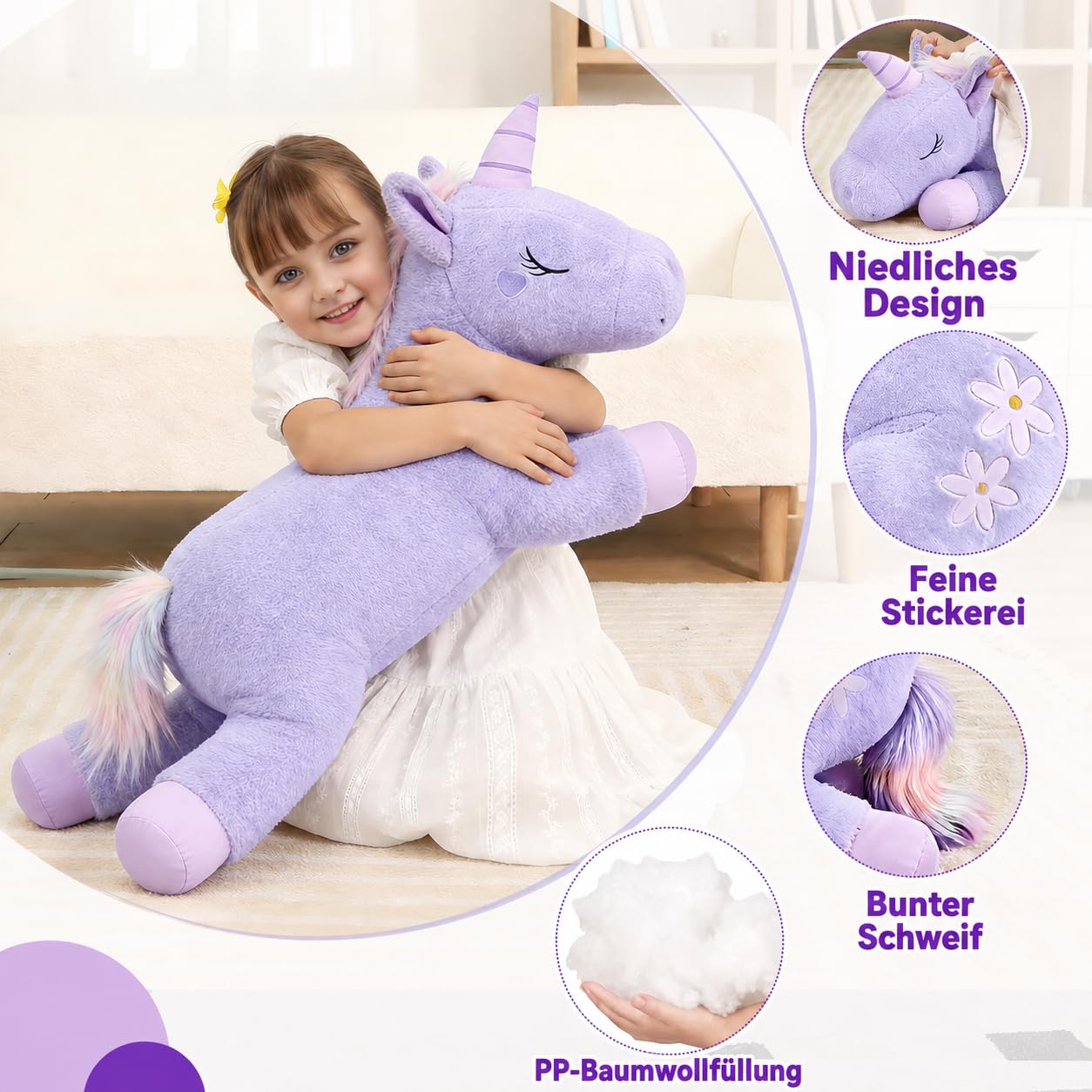 Peluche licorne géante violette - 80 cm - Grand coussin doux - Grand coussin de corps et coussin câlin - Peluche super douillette pour enfants, garçons et filles - Cadeau d'anniversaire parfait