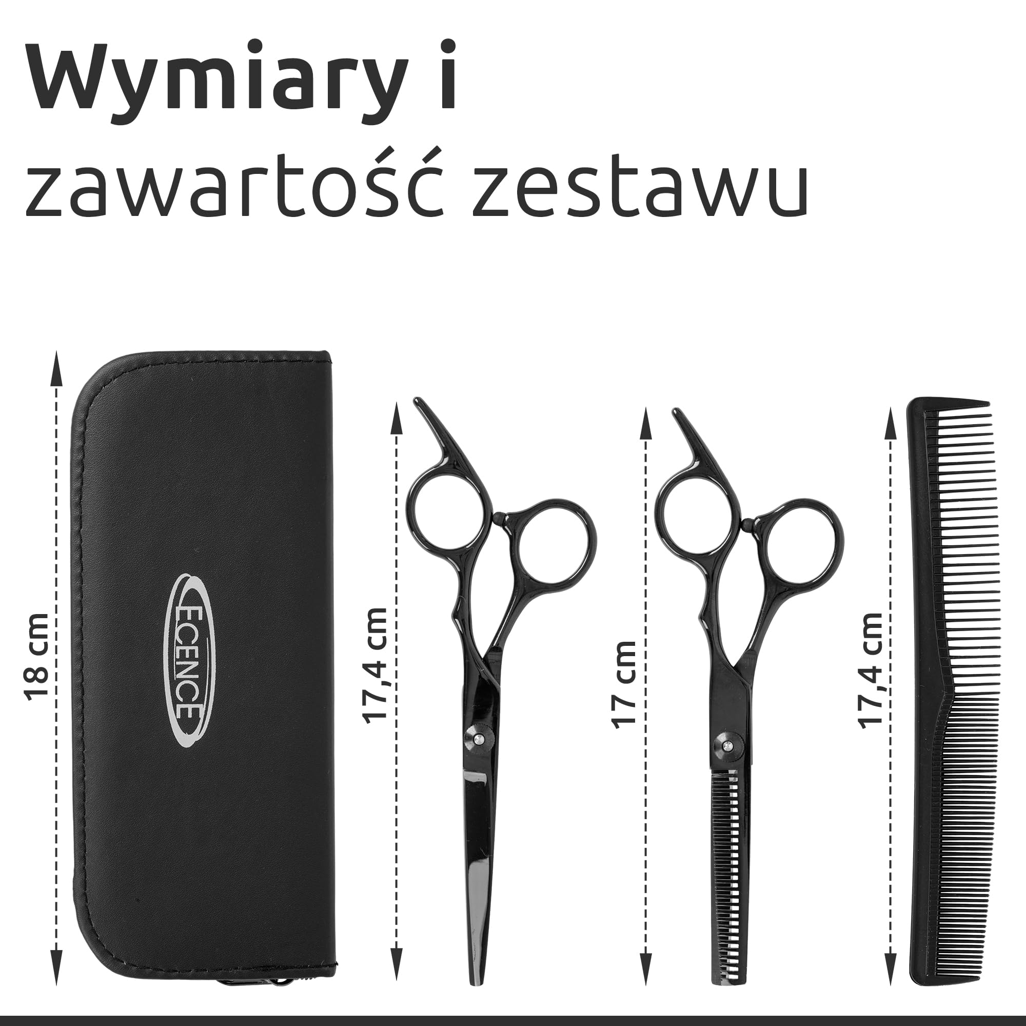 ECENCE Zestaw do strzyżenia z profesjonalnymi nożyczkami i etui - nożyczki fryzjerskie ze stali nierdzewnej, nożyczki do cieniowania i grzebień - precyzyjny zestaw