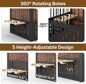 Rovibek 48 Inch Dog Crate Furniture, Wooden Dog Cage Furniture with Window and Adjustable Dogs Bowls 360 Rotatable, Heavy Duty XL Kennel Indoor as End Table, Brown