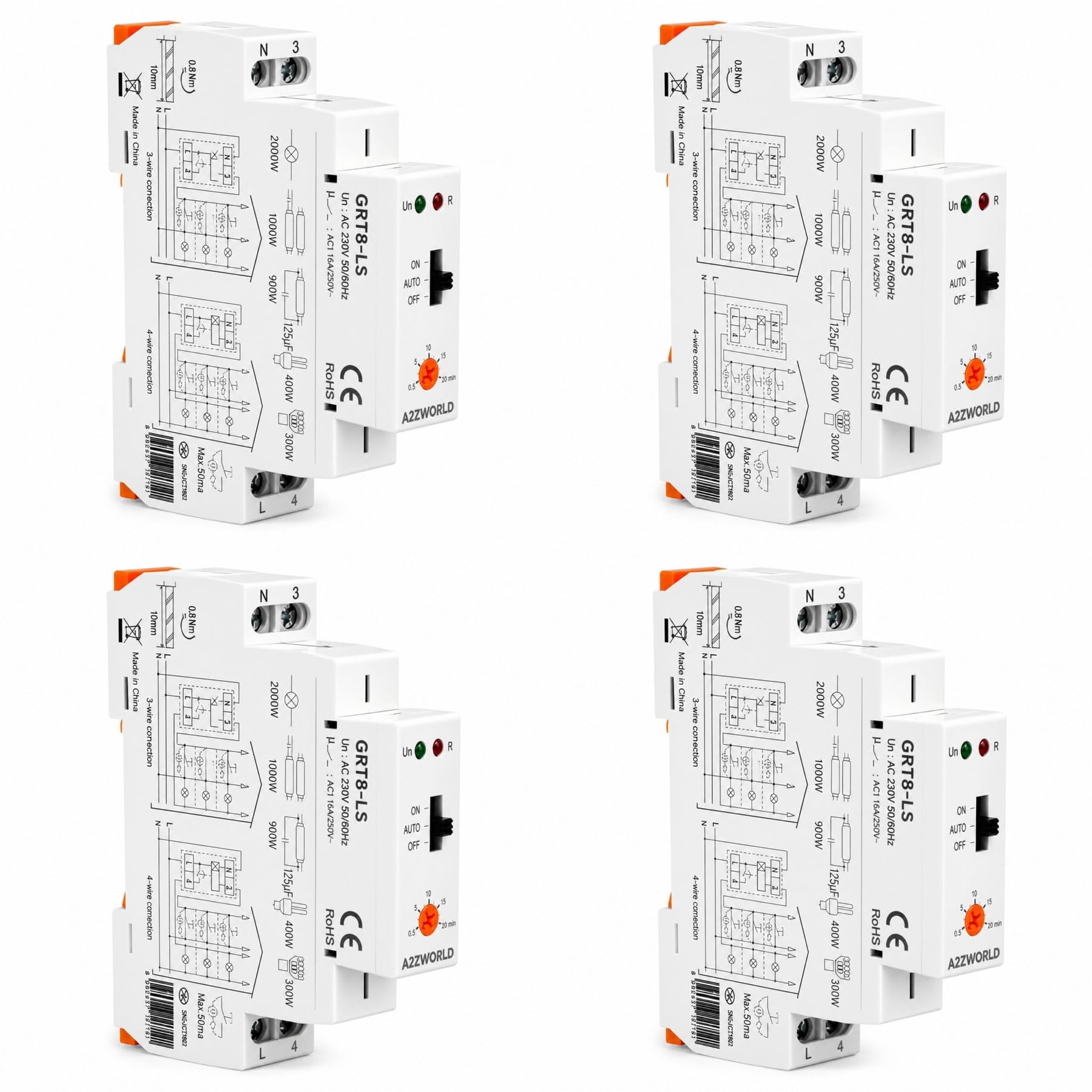 4 Pezzi Relè Temporizzato Luci Scale 230V AC, Temporizzatore Auto ON OFF, Massimo 16A, 0,5-20 Minuti, 1 Modulo DIN, per Corridoi Ingressi Scale e Ventole Bagno, GRT8-LS