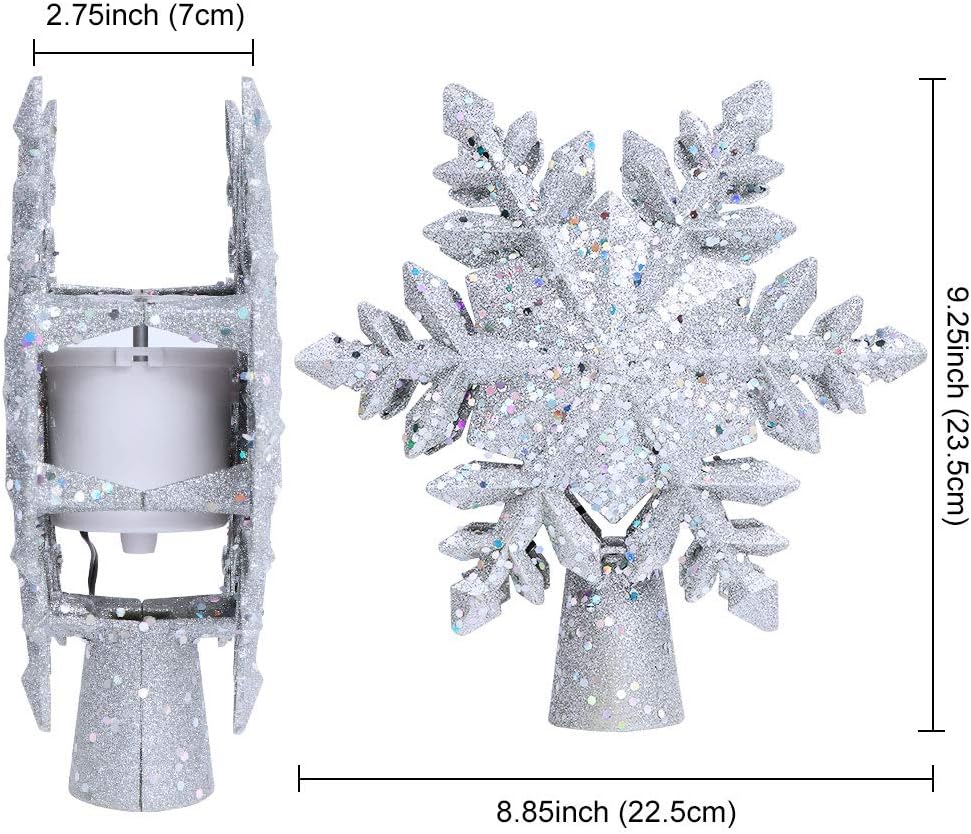 OurWarm Christmas Tree Topper Lighted with LED Rotating Silver Snowflake Decorations Projector Silver Snow Tree Topper Night Light Projector for Indoor Outdoor Christmas Tree Decorations