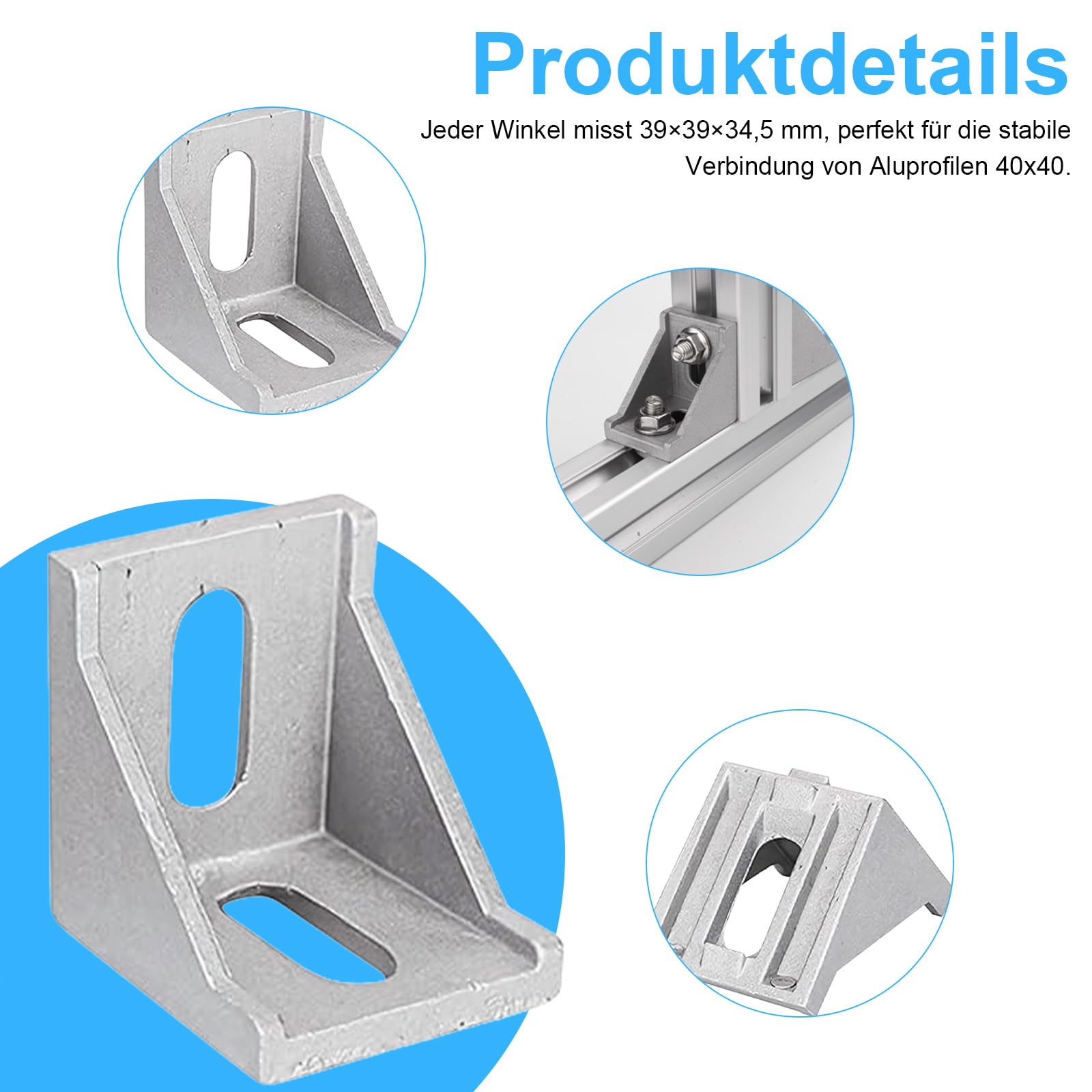 Foonary 24 angoli in alluminio 40 x 40, tipo rinforzato, alluminio pressofuso per profilo in alluminio 40 x 40, sabbiatura bianco argento, adatto per router CNC e collegamento profilo in alluminio