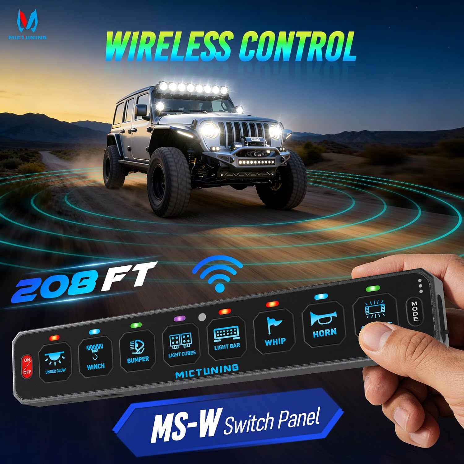 MICTUNING MS-W 8 Gang Slim Wireless Switch Panel, 208FT Range Multi-Panel Control, Toggle Momentary Strobe Pulsed Flash, RGB Dimmable Backlit, Circuit Relay System Box, No Drilling for Car RV UTV