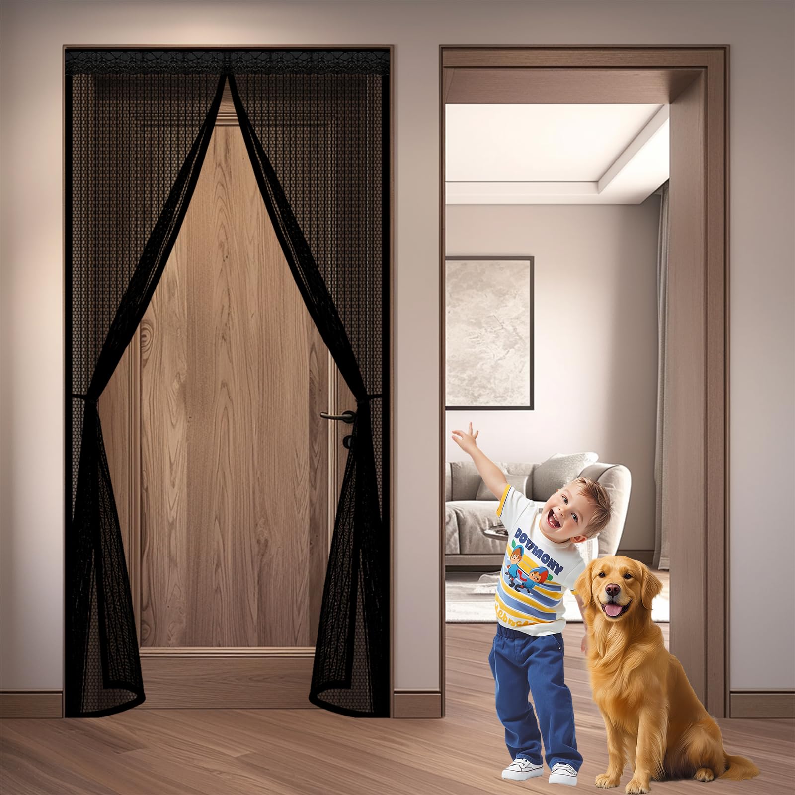 Fly Screen Door 180 x 195 cm Keep Bugs Out, Full Frame Magic Tape, Powerful Magnets, Self Sealing, No Drill Installation, Self-Sealing Bug Mesh for Patio Exterior Indoor Doors, Black