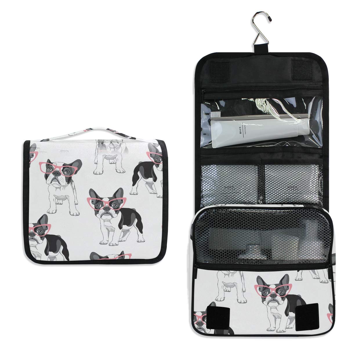 Hanging Travel Toiletry Bag for Women Men, Makeup Bag Portable Cosmetic Bag Travel Organizer for Accessories, French Bulldog, 9 x 4 x 8.27 inch