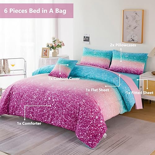Miniatura 3 de PERFEMET Juego de edredón Queen con sábanas, juego de ropa de cama de 6 piezas de teñido anudado arco iris para niñas, ropa de cama degradado con