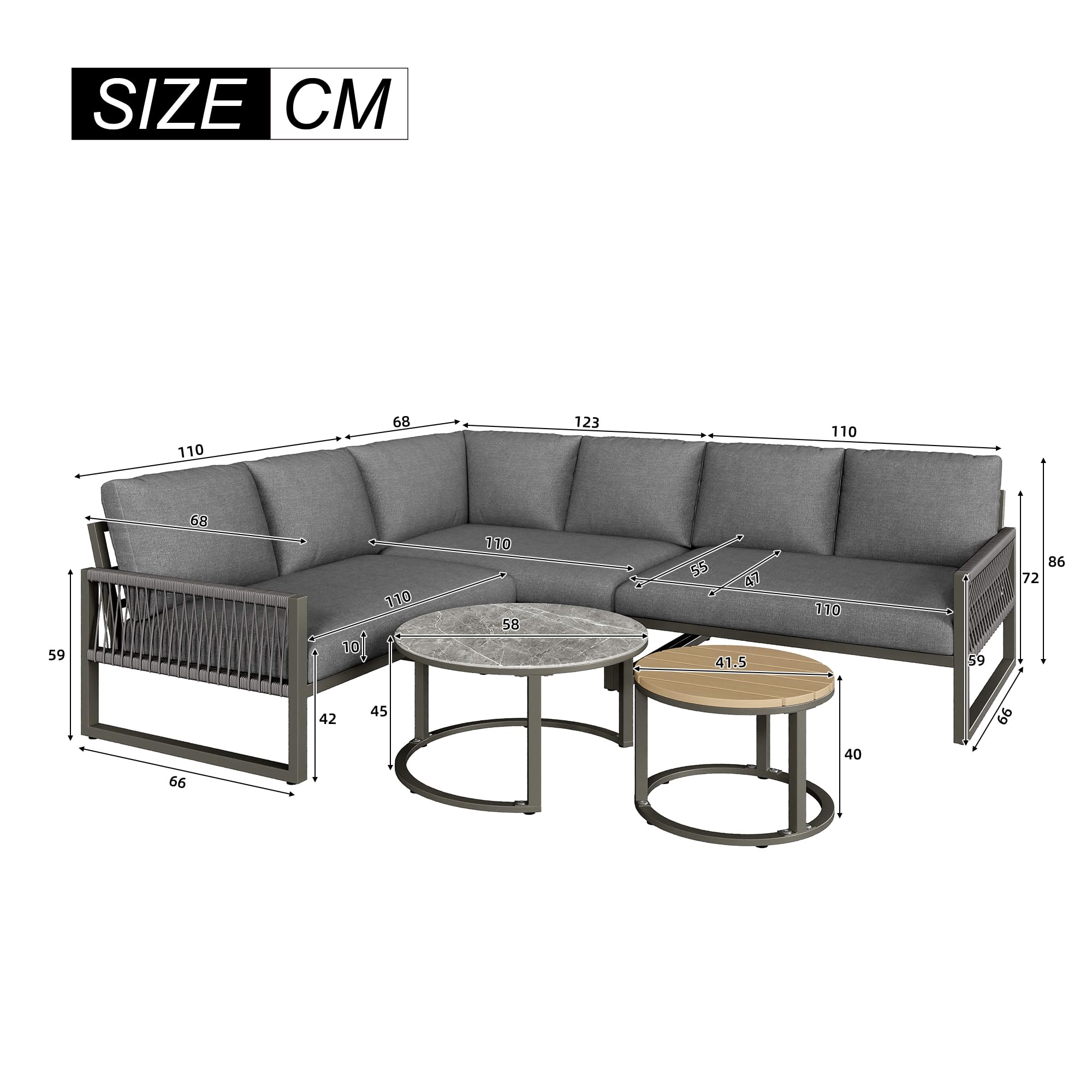 Mrwoo Juego de Salón de Jardín para 6-7 Personas, Sofá Esquinero con Armazón de Hierro Galvanizado Ajustable, Incluye Todos los Cojines, Muebles de Terraza Resistentes, Color Gris (Gris)
