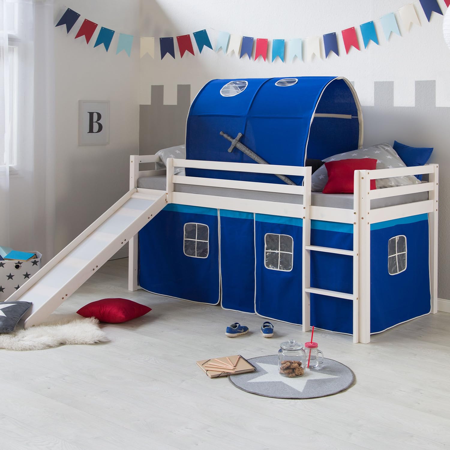 Homestyle4u Kinderhochbett 90x200 cm Weiß - Kiefer Spielbett mit Rutsche | Hochbett inklusive Lattenrost, Vorhang in Blau, Tunnel und Leiter. Massivholz Kiefer für das Kinderzimmer.