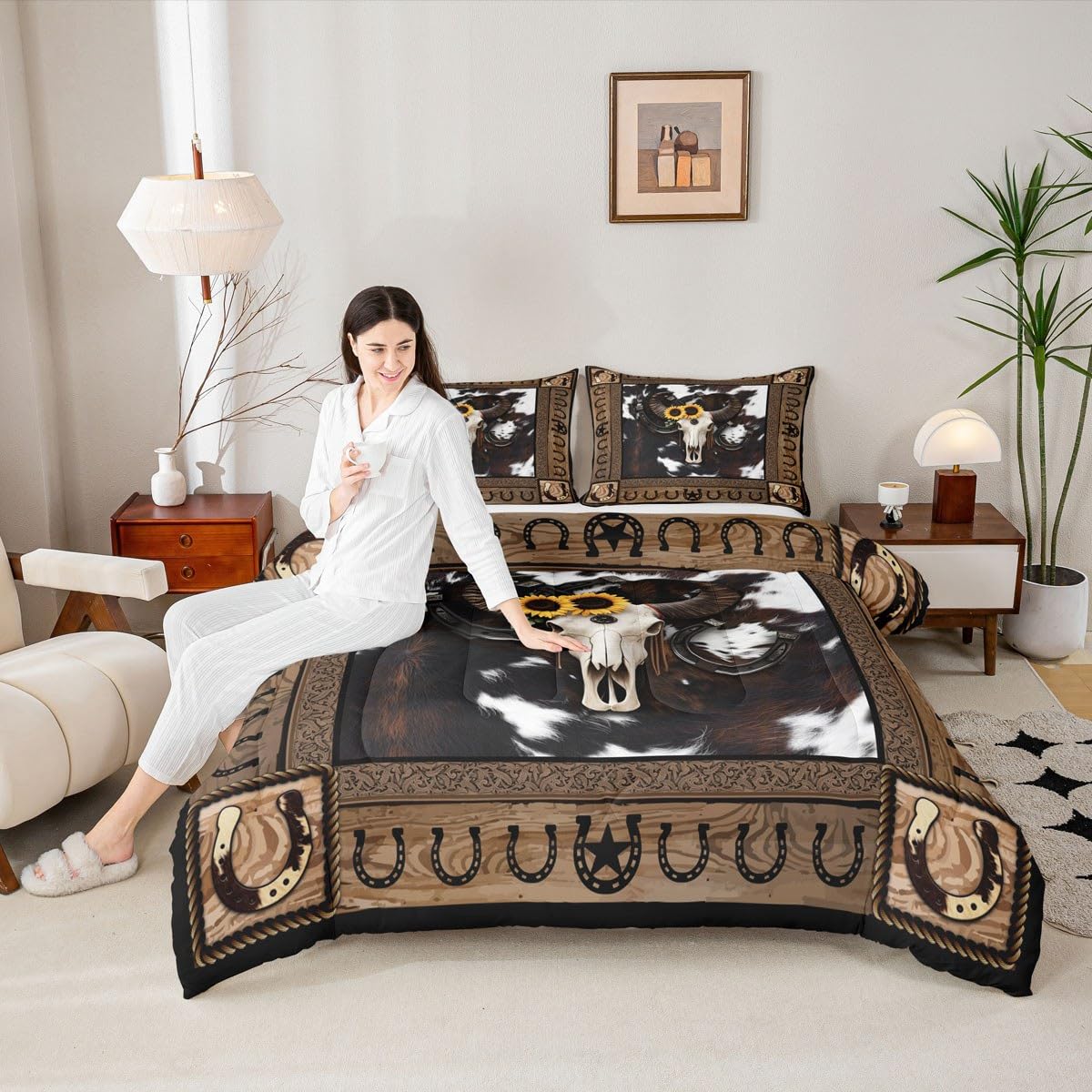 Homewish Western Cowboy Kids Comforter Set Twin Size,Cow Skull Horseshoes Wooden Plank Bedding Set,Boys Girls Adults Room Decor,Cow Fur Rustic