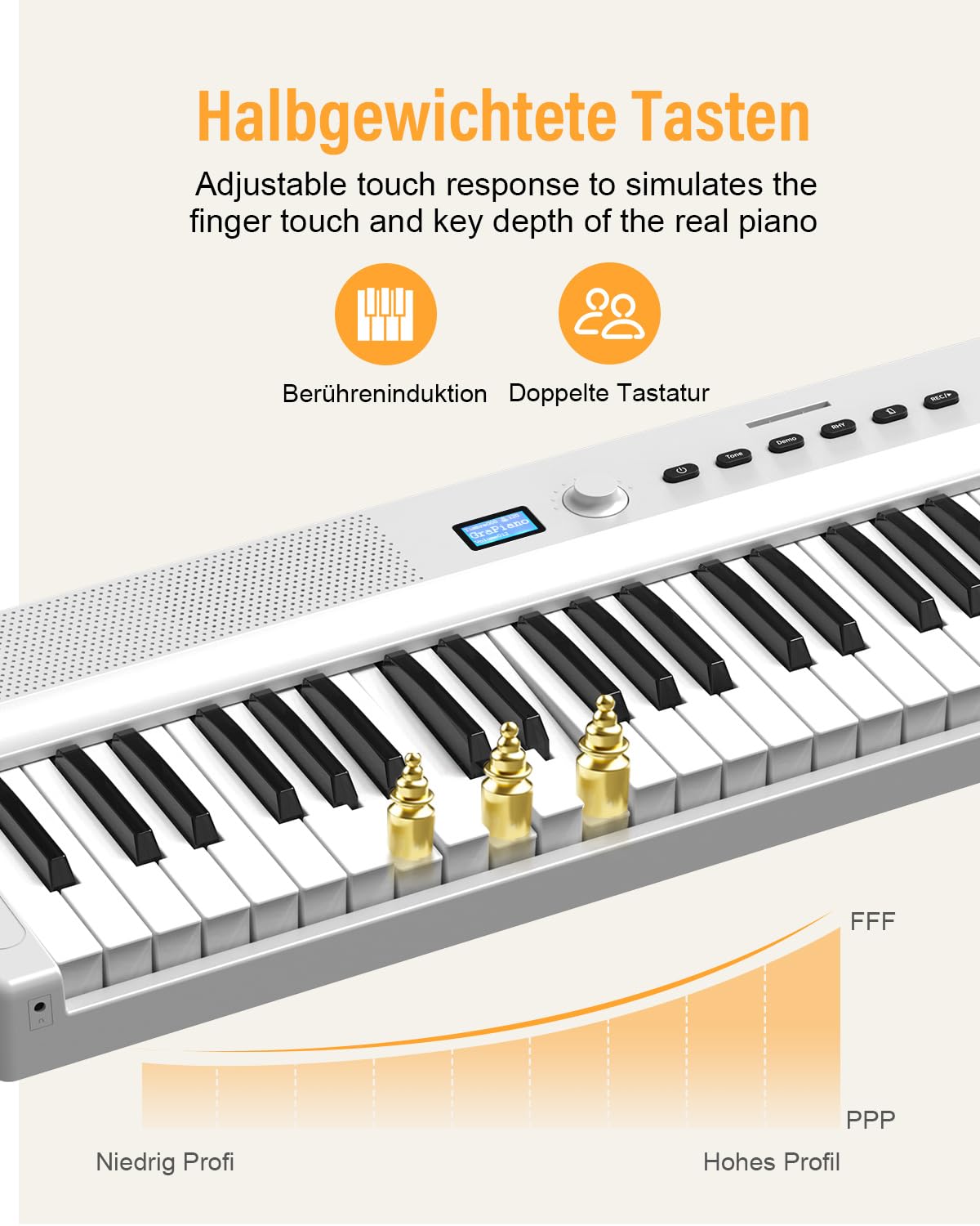 Pianoforte pieghevole migliorato, tastiera semi-ponderata a grandezza naturale, supporta MIDI, tastiera portatile pieghevole con cavo dati, adatta per regali (bianco)