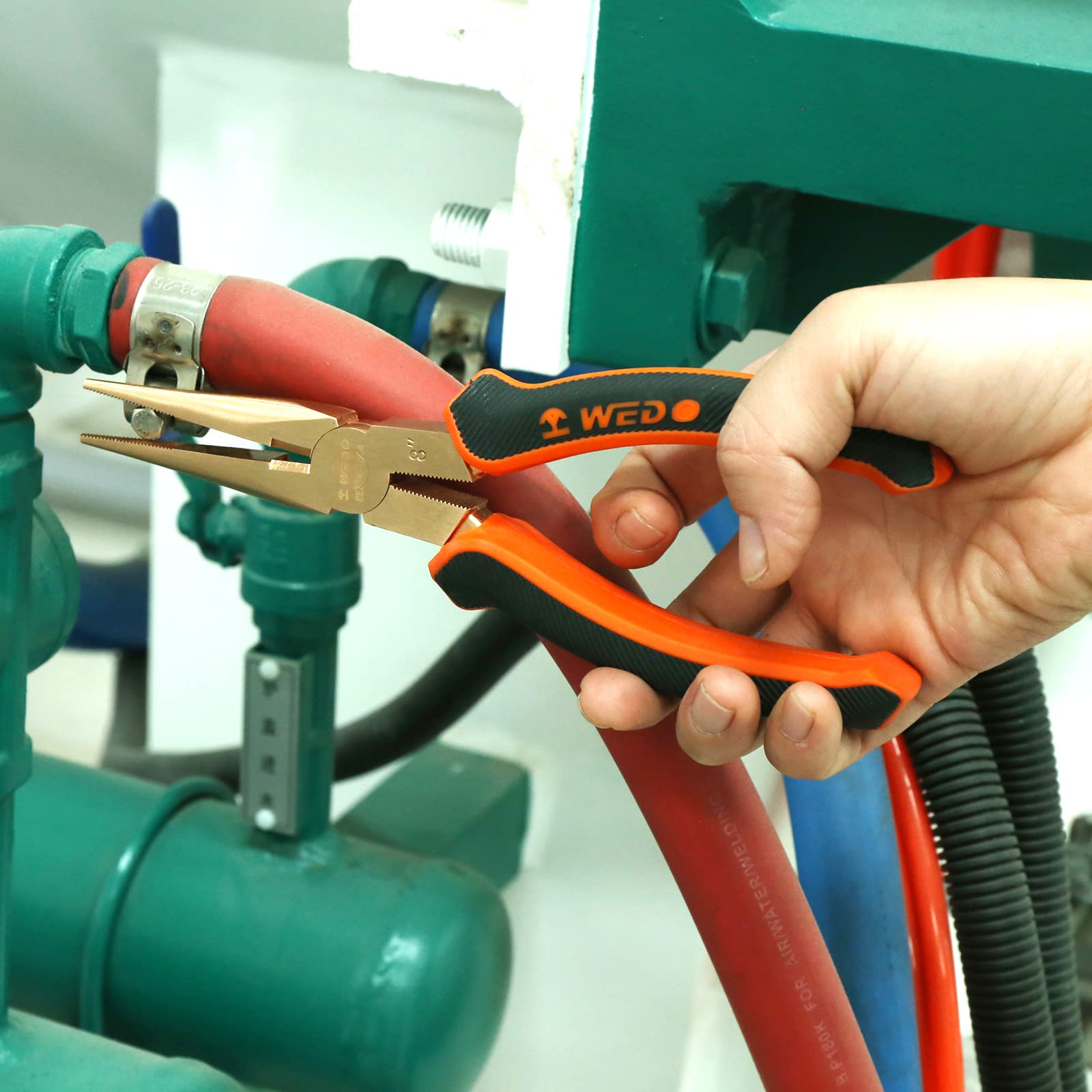 WEDO Funkenfreie Flachrundzange,150mm,Gerade Spitzzange,Berylliumkupfer,Nicht Magnetisch,Mit Rutschfestem Griff,BAM & FM Zertifiziert,DIN Norm,Storchschnabelzange,Nadelzange,Telefonzange