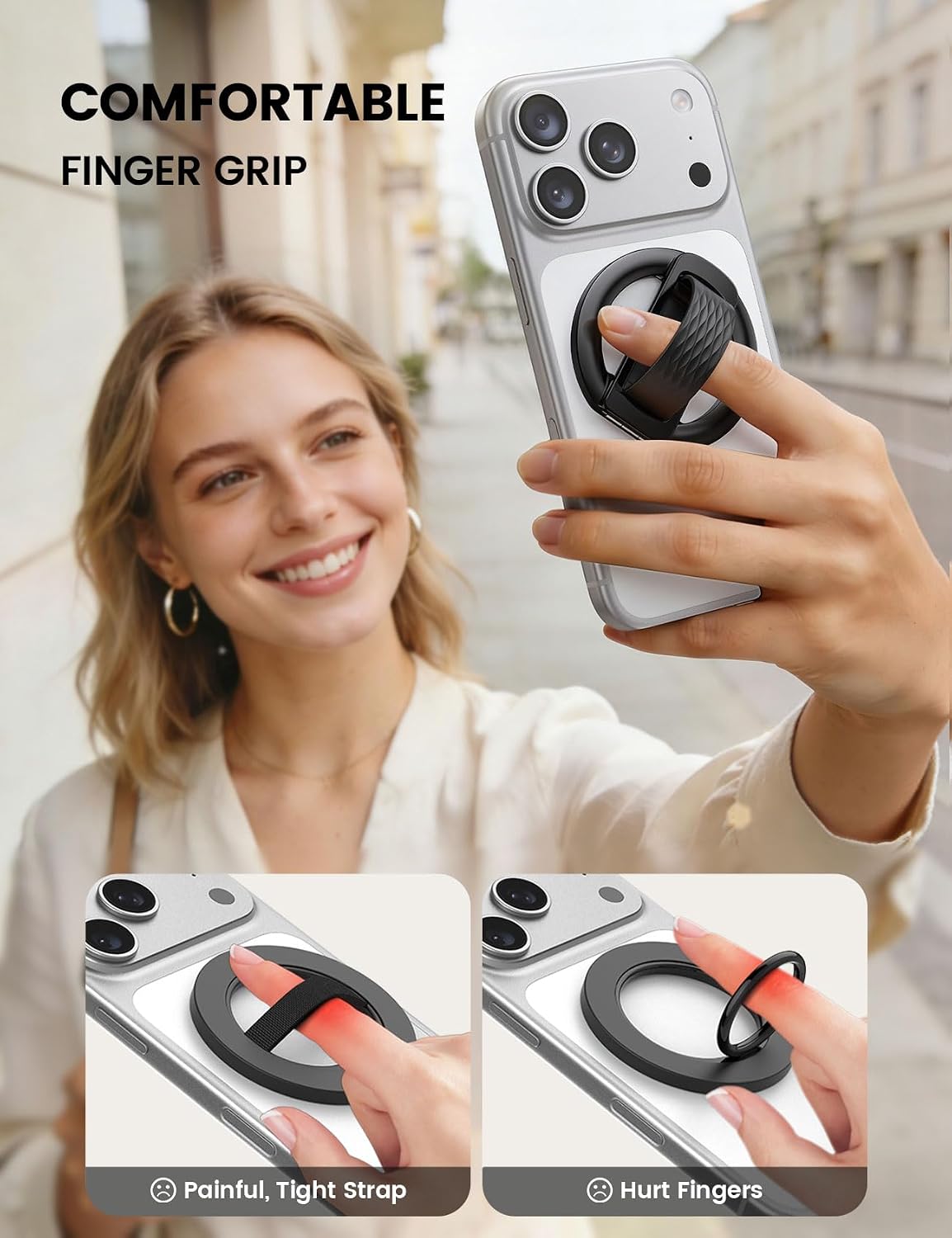 Lamicall [Comfortable Silicone Finger Loop] Magnetic Phone Grip for MagSafe, [Durable Vertical Zinc Alloy] Stand Kickstand, Magnet Cell Phone Ring Holder for iPhone 17/16/15/14/13/12 Series & Androids