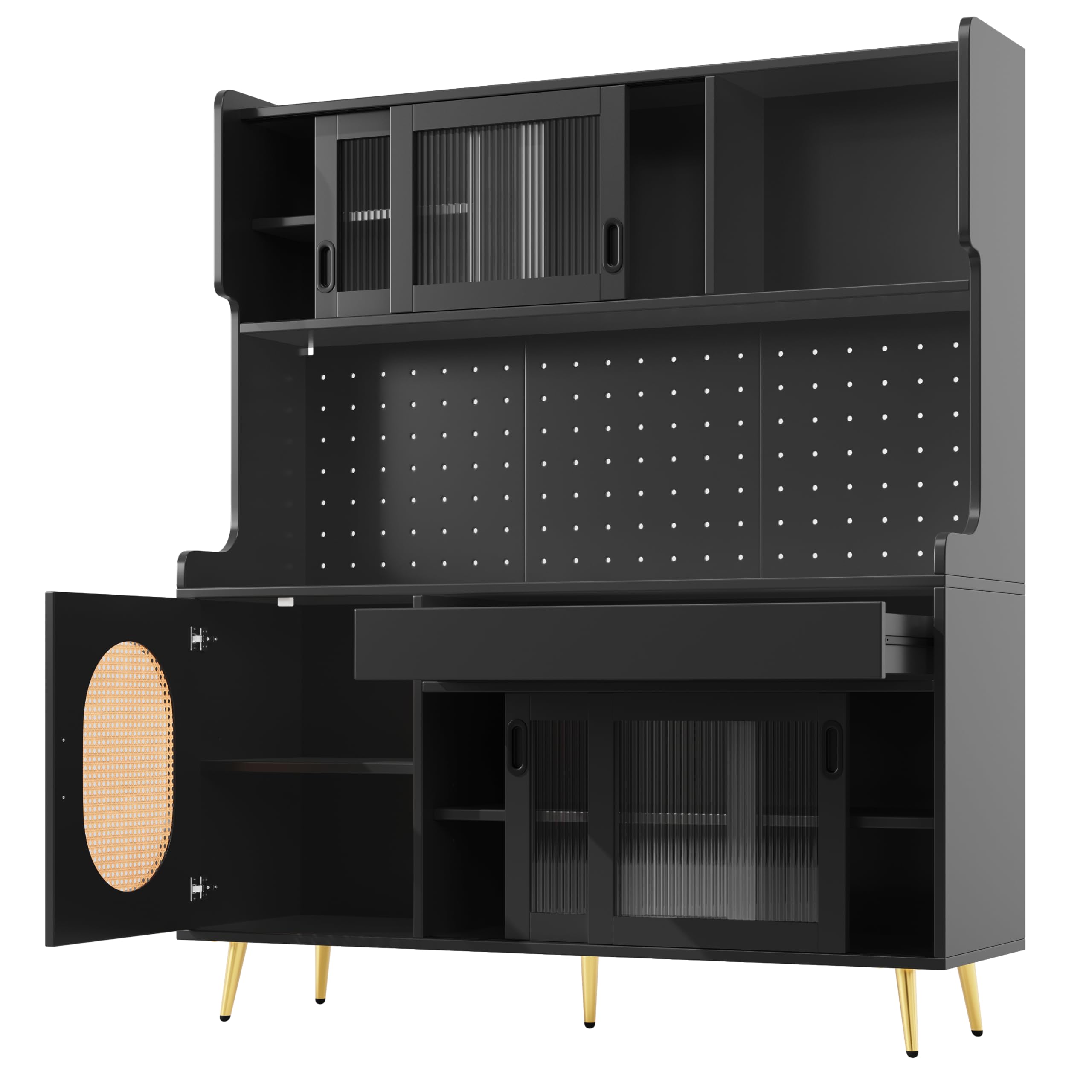 Kebnor Armadio laterale/armadietto da cucina/buffet, 145 x 39 x 171 cm, stile rustico, 5 ante, con striscia luminosa a LED e piastra di blocco in vetro, porte (nero)