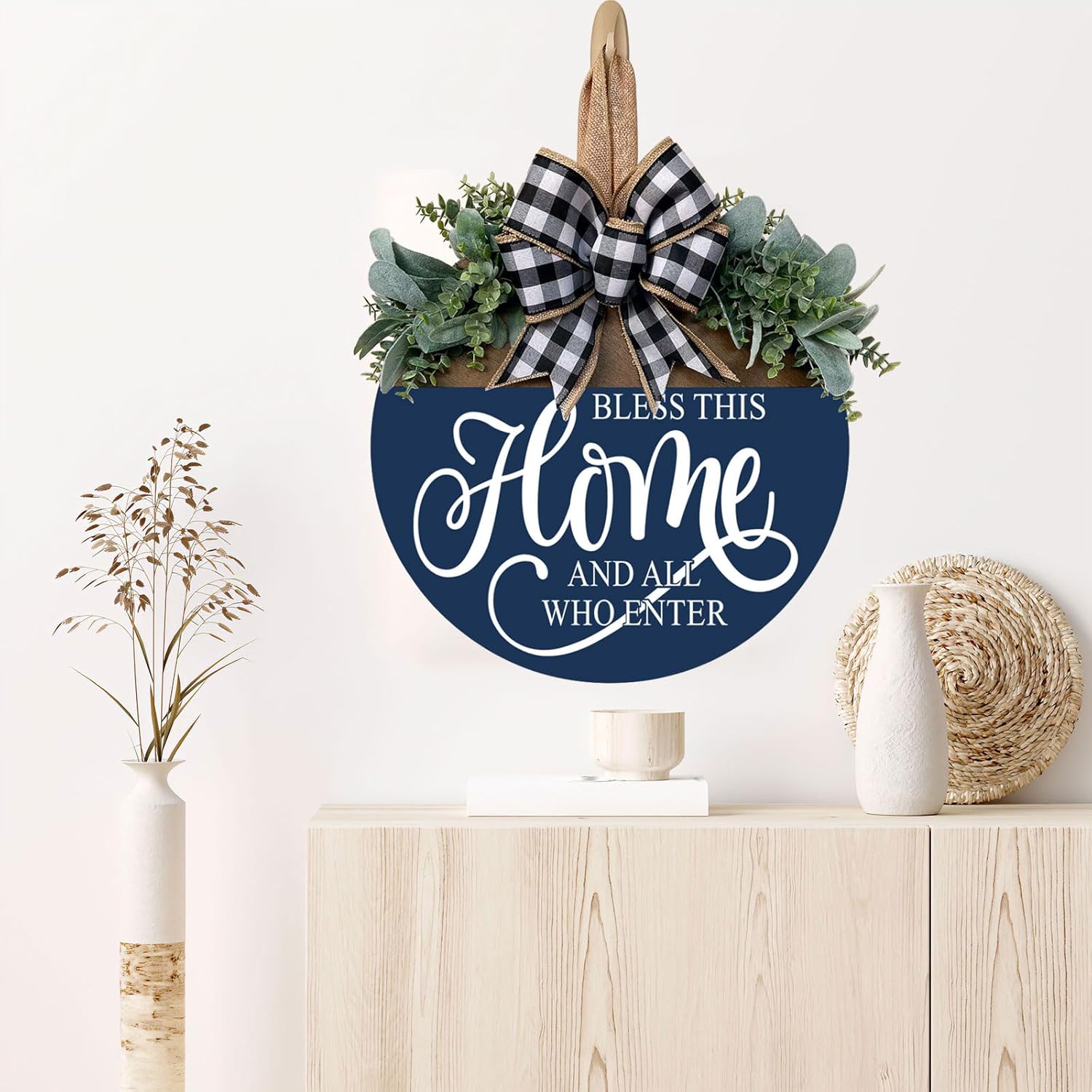 Bless This Home Welcome Sign for Front Door, Rustic Wood Wall Decor Porch Wreaths Hanging Door Decorations for Home Outdoor for Spring Summer Fall All Seasons Holiday
