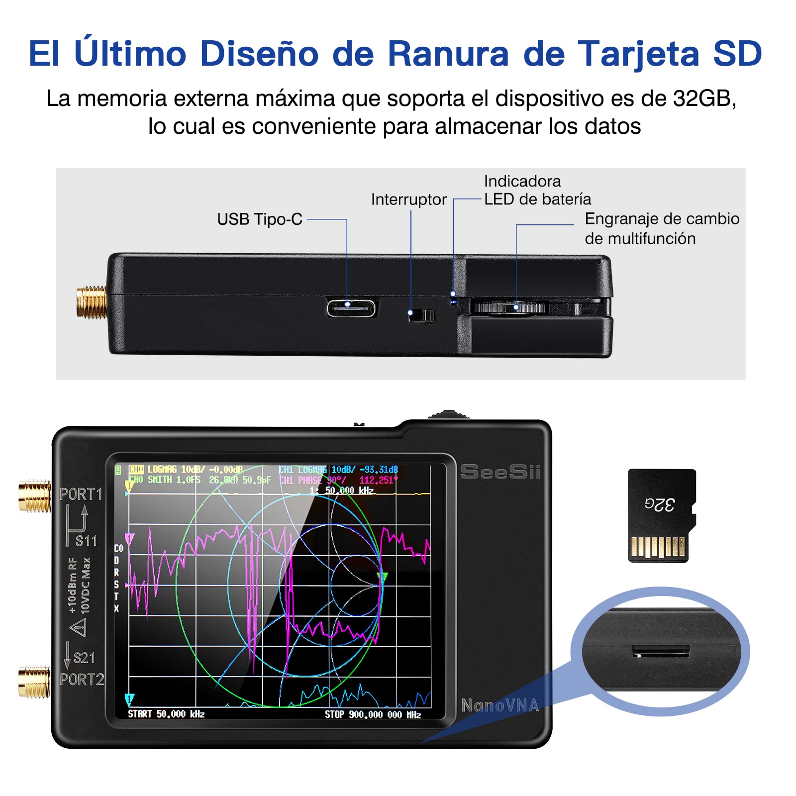 Seesii Analizator anteny NanoVNA-H, 2,8 cala, analizator sieci wektorowej 10 kHz – 1,5 GHz MF HF VHF UHF pomiar parametrów S, współczynnik napięcia fal stojących, faza, obsługa karty SD