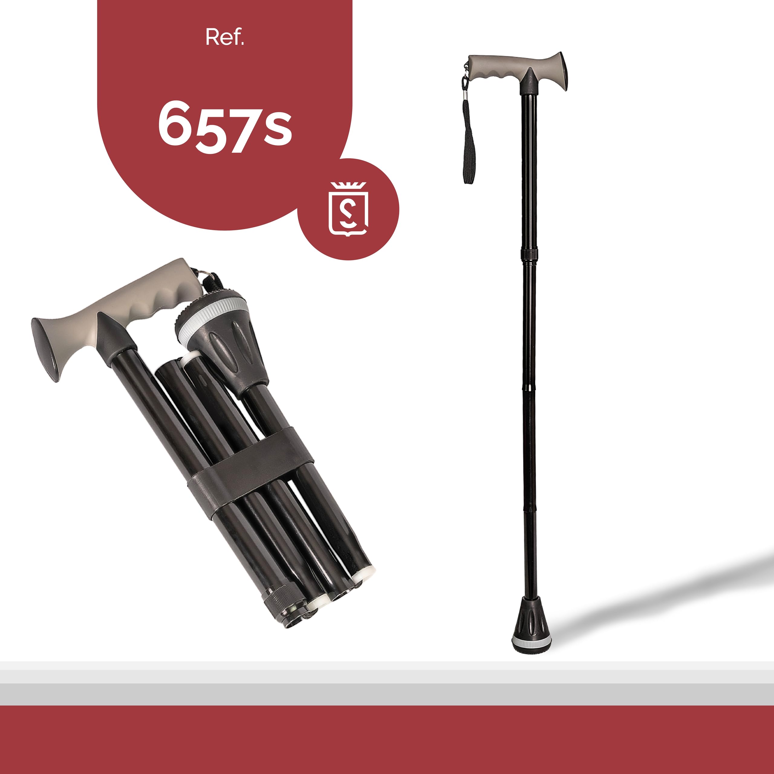 Bastón Plegable de Aluminio Negro – Empuñadura Ergonómica Soft Touch y Contera de Goma XL Antideslizante para Todo Terreno – Ligero, Ajustable 84-95cm y Portátil para el Bolso o Maleta (657S)