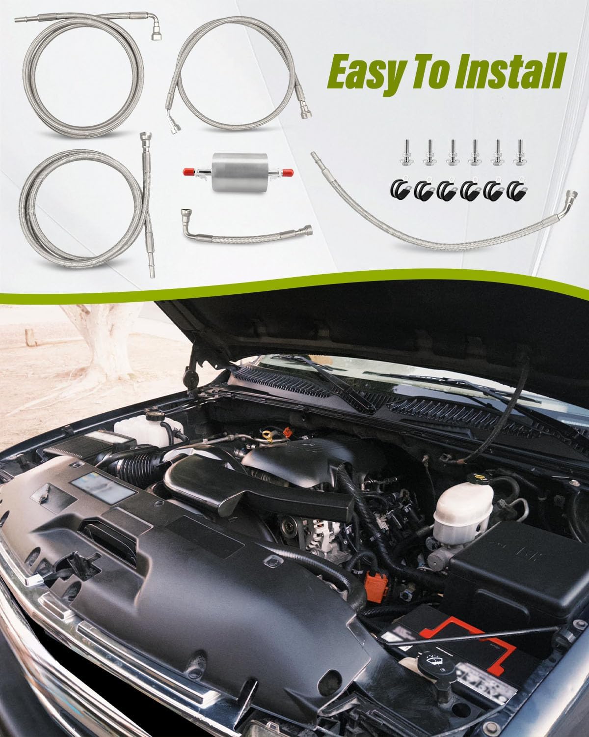 819-823 Flexible Stainless Steel Braided Fuel Line Fit for Chevrolet Suburban 1500/Tahoe 2002-2004, fit for GMC Yukon XL 1500/Yukon 2002-2004