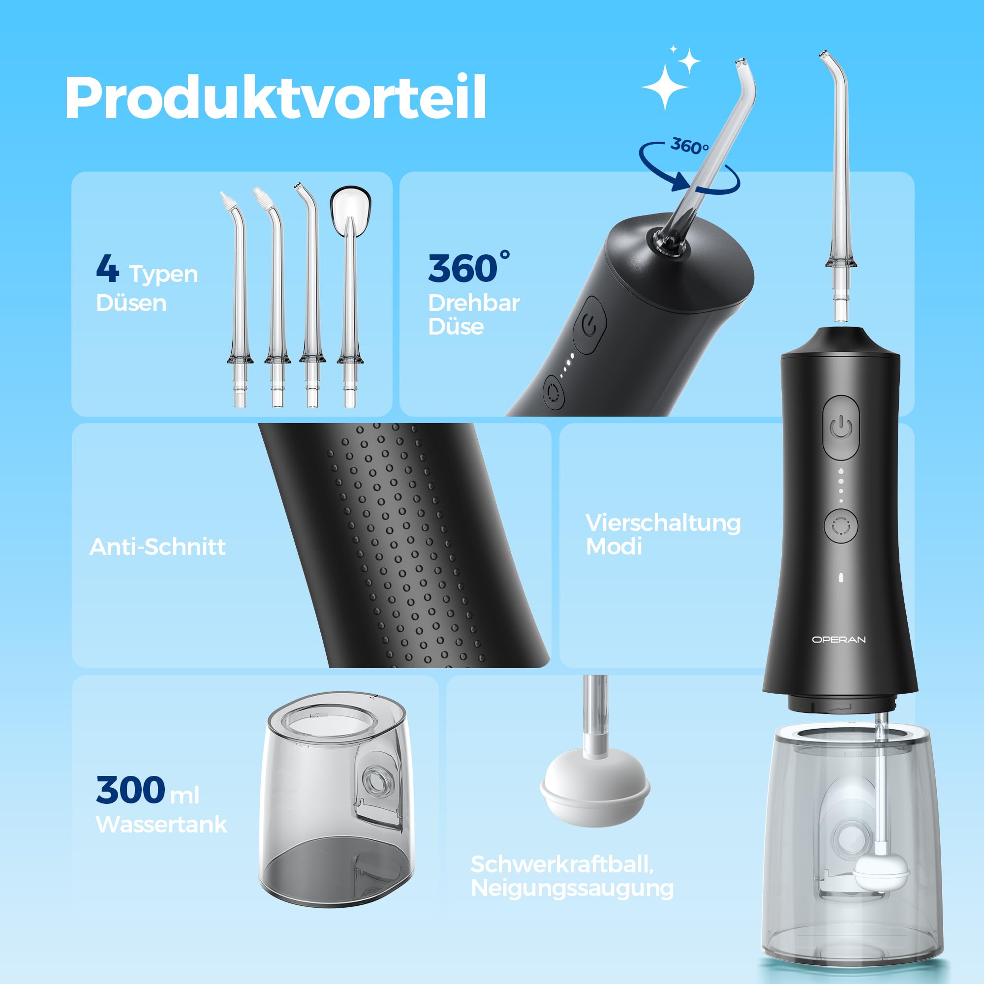 Operan Munddusche Kabellos, Tragbar Elektrische Zahndusche, 300ML Oral Irrigator Munddusche Testsieger für Entfernt Speisereste und Reinigt Die Zähne,Mattschwarz, 1Pack+ 4 Modi & 4 Düsen