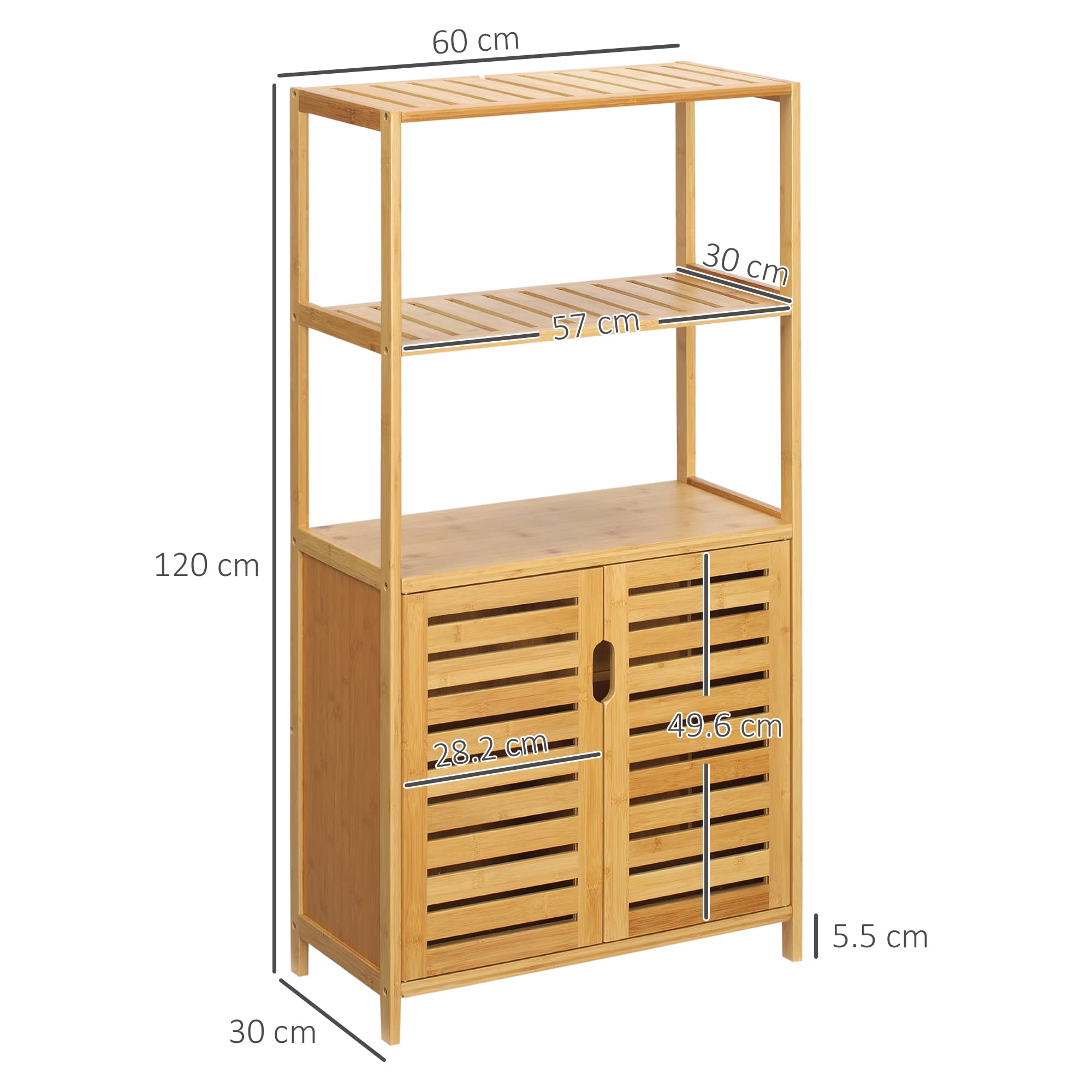 kleankin Mobiletto Bagno con 2 Ripiani Aperti e Armadietto a 2 Ante, Mobile Salvaspazio in Bambù 60x30x120cm, Naturale