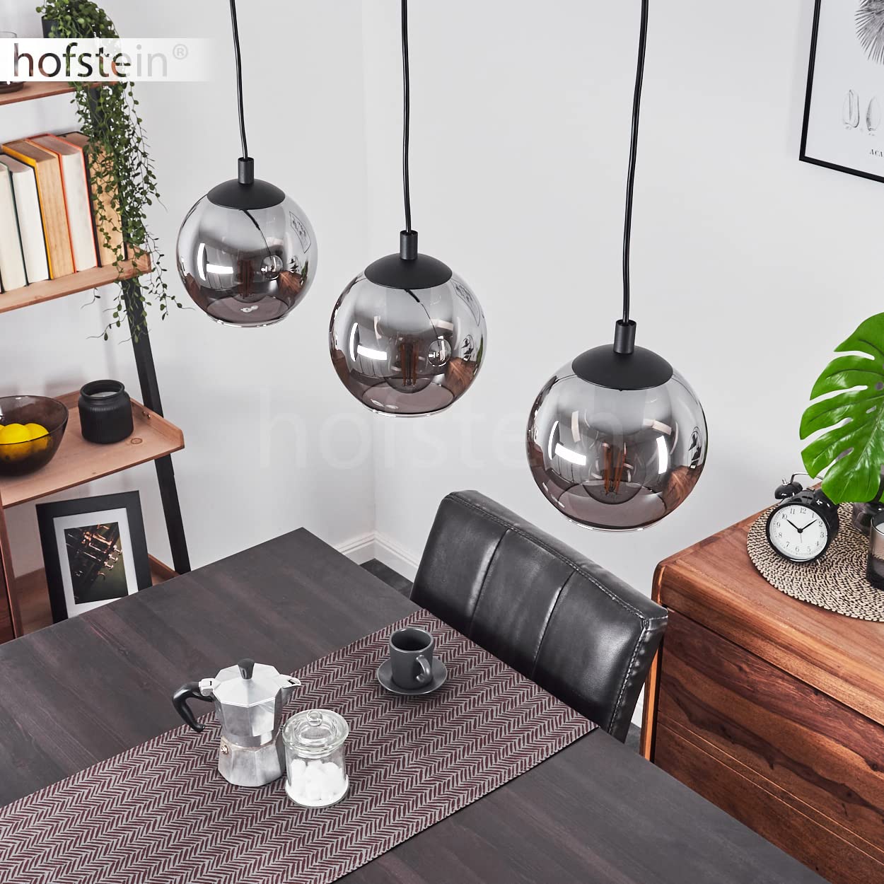 Sernf sospensione in metallo/vetro in colore nero/fumo, lampada a sospensioni con paralume in vero vetro (Ø 16,5 cm), 3 x E27, senza lampadina/e
