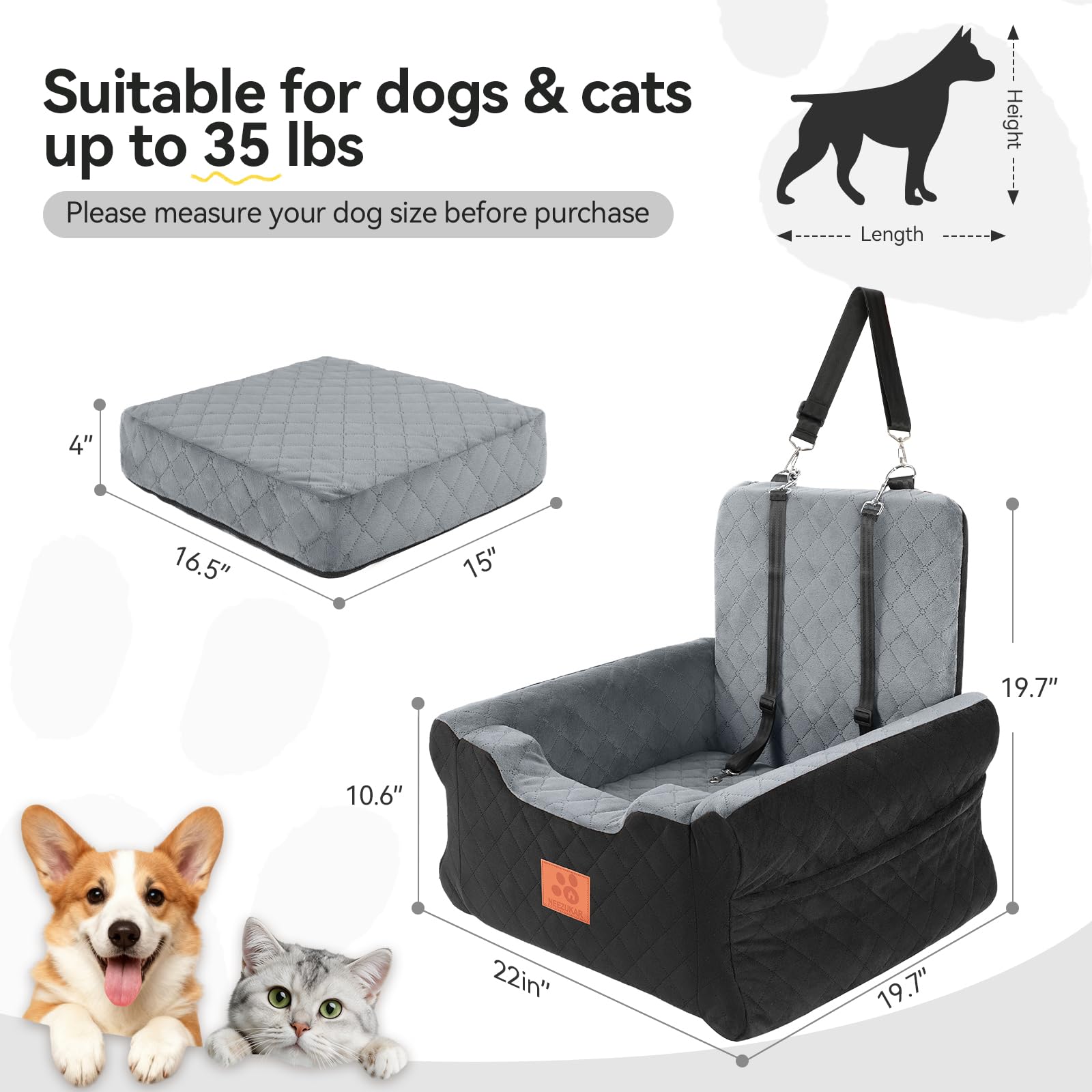 GL GLENSLAVE Hunde-Autositze für kleine bis mittelgroße Hunde, Erhöhter Hunde-Booster-Sitz mit Memory-Schaum, Abnehmbarer & waschbarer Autositz für Haustiere (Schwarz/Grau)