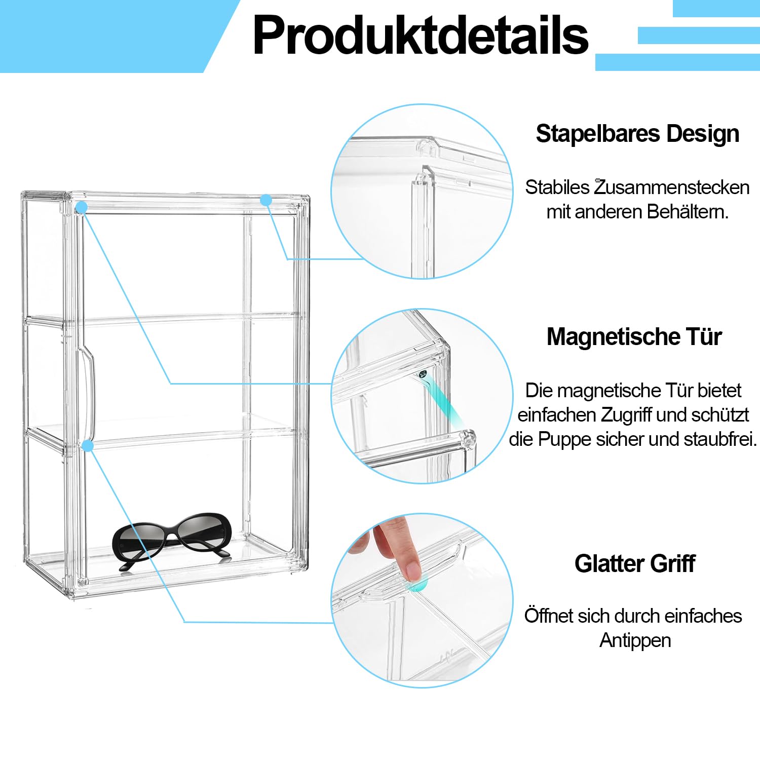Vitrina acrílica de 3 capas con puerta magnética, pieza de arte acrílico autoensamblable para figuras de acción, miniaturas y coleccionables | Armario de plexiglás de alta calidad con cierre magnético