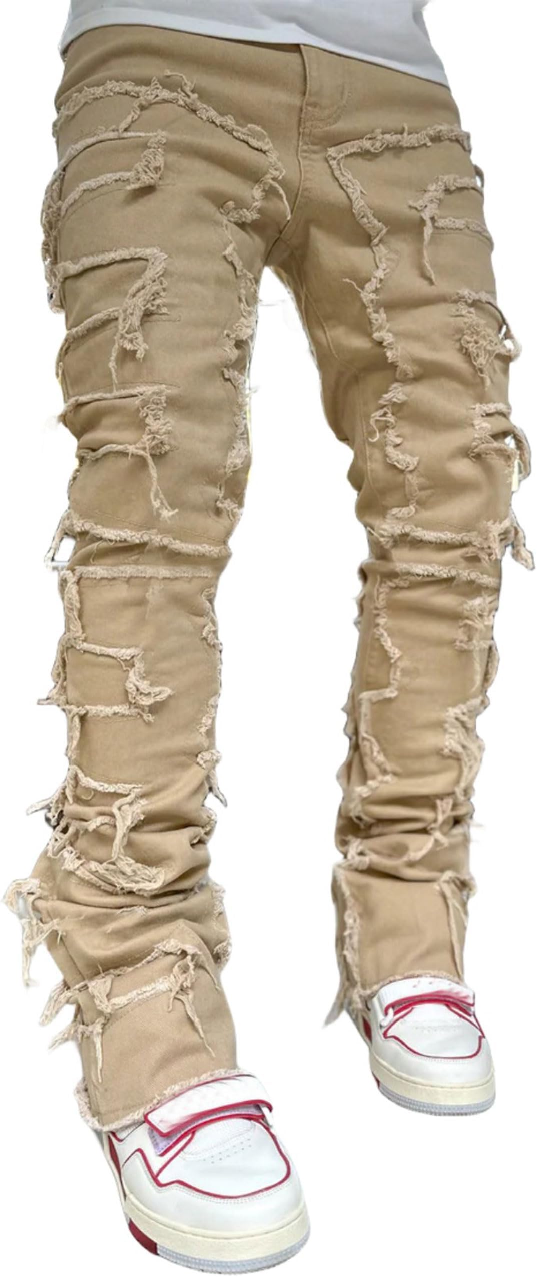 FantasyGearsMen's Ripped Jeans Y2k Hip Hop Distressed Denim Pants Straight Leg Skinny Slim Fit Biker Jeans