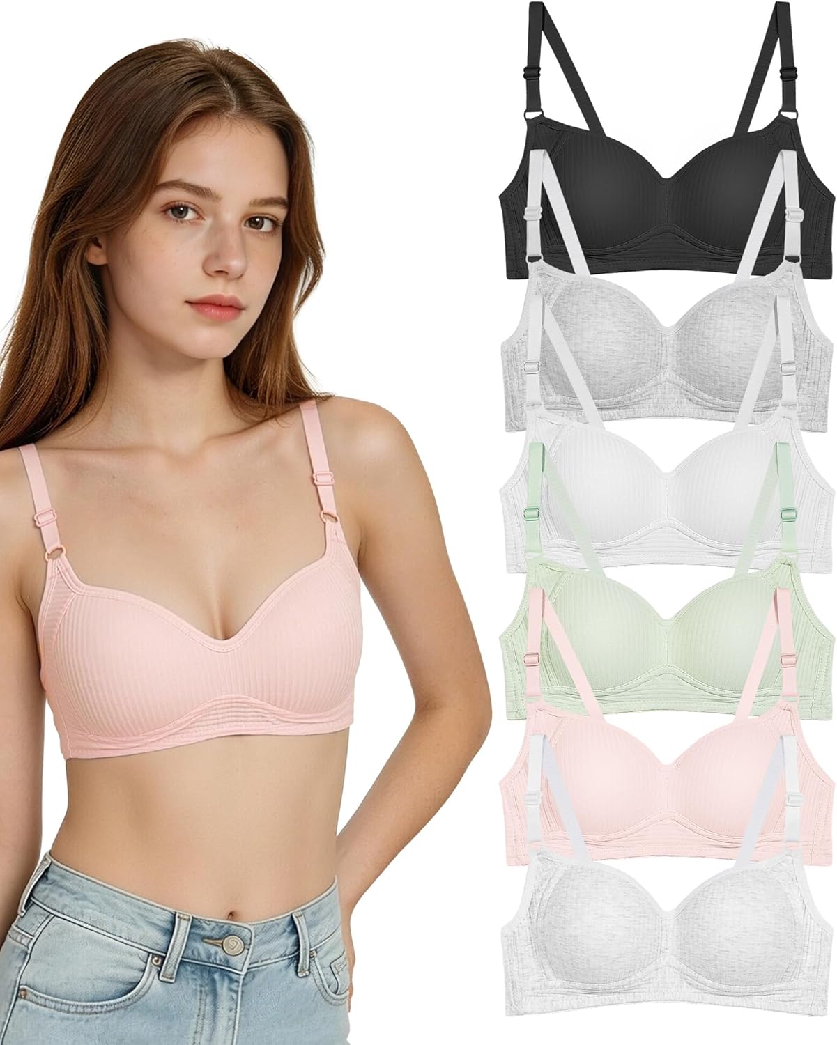 Etdane Girls Training Bras Wireless Teen Bras for Girl 10-12,12-14,14-16,16-18 Lightly Fixed Padded Girls Bra for Teen 6 Pack