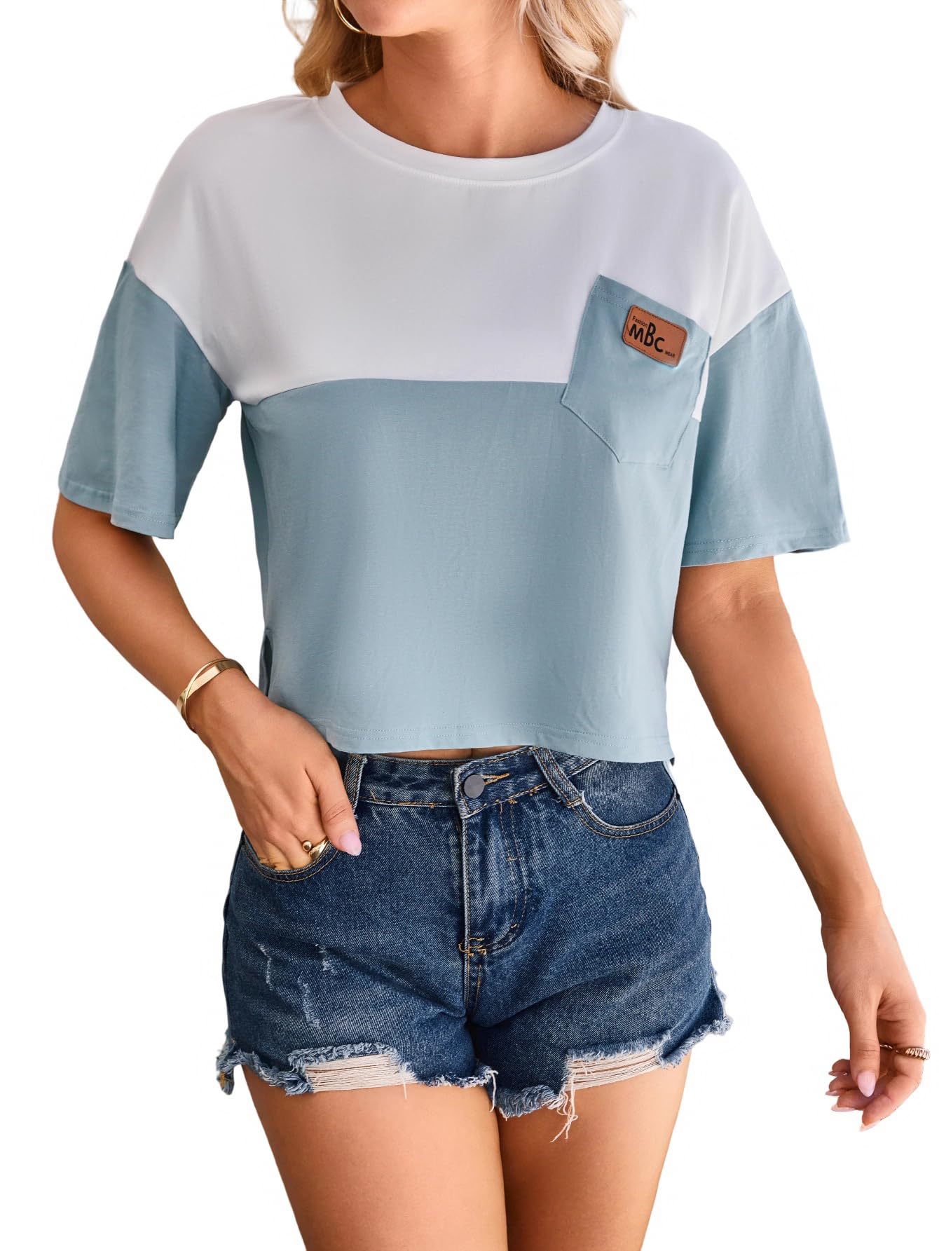 SweatyRocks Women's Color Block Half Sleeve High Low Casual Loose T-Shirt Tops