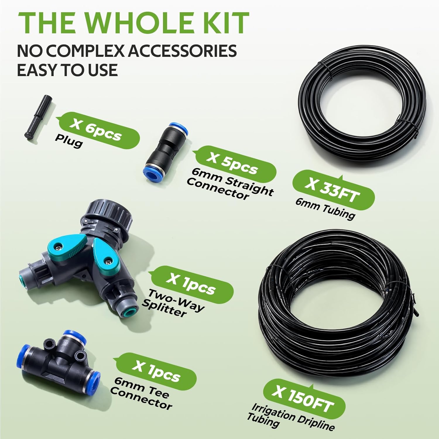 HIRALIY 1/4" Drip Irrigation Tubing Kit, Dripline with 6" Emitter Spacing, Built-in 0.5 GPH Drippers, 6mm 33FT Watering Hose with 2-Way Connector for Garden, Landscape & Greenhouse (Blue, 183FT)