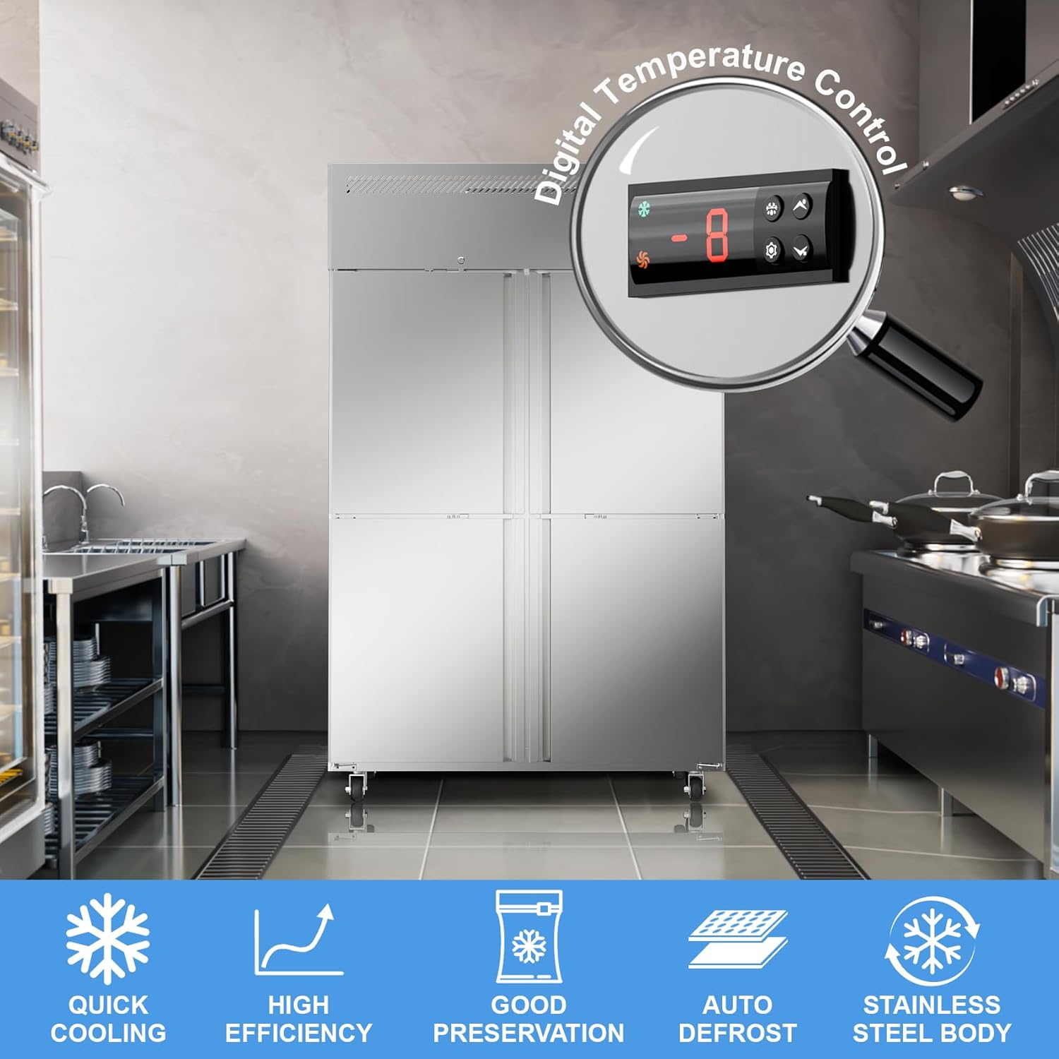 48"W 4 Door Commercial Freezer, 36 Cu.ft Stainless Steel Upright Freezer (-8℉ to -1℉) with 8 Adjustable Shelves, Lockable Door, Wheels, Auto-Defrost for Restaurant, Kitchen, Shop