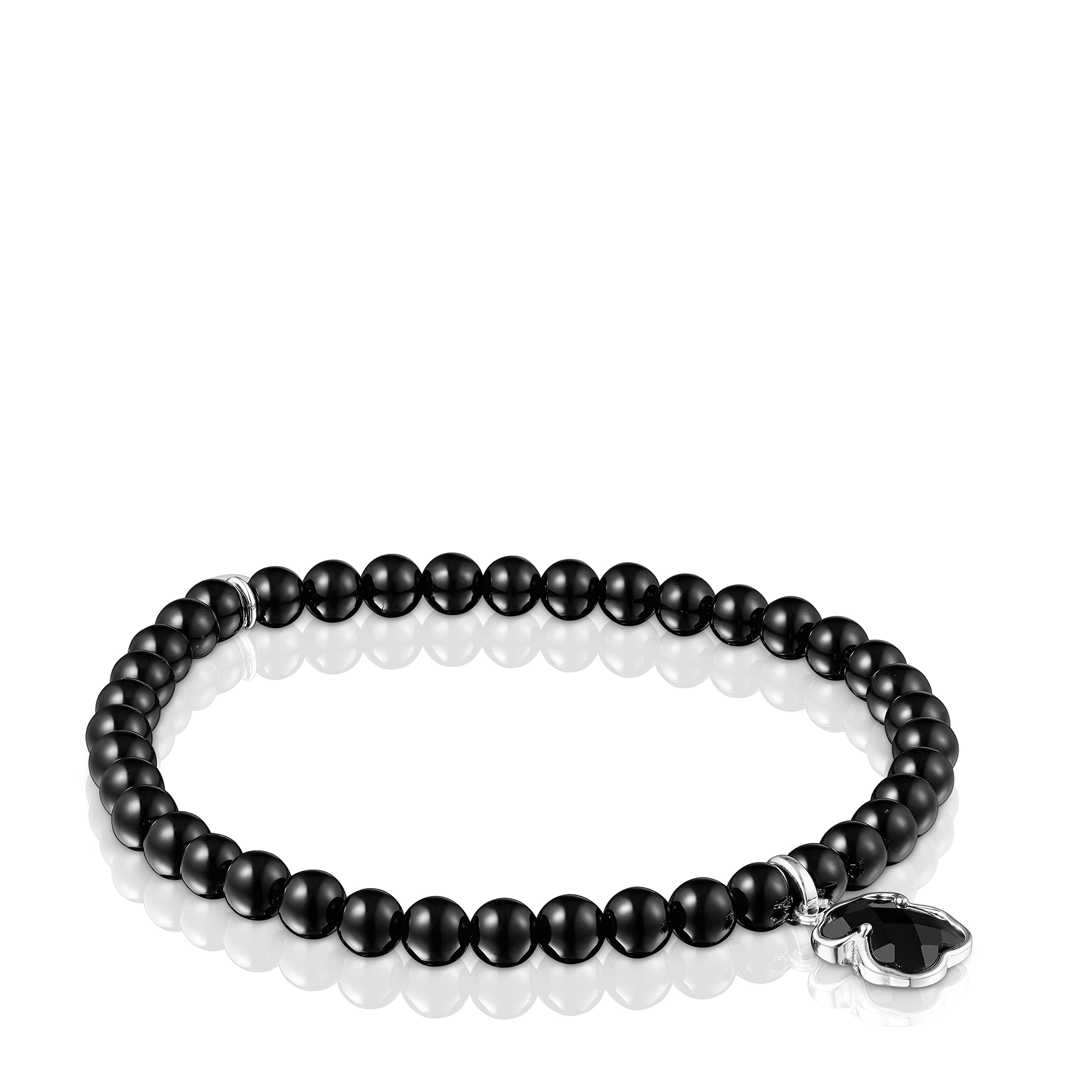 TOUS Pulsera Elástica de Gemas Ónix para Mujer con Motivo de Oso en Plata de Primera Ley 0,9 cm, Clásica y Pura, Colección Icon Color