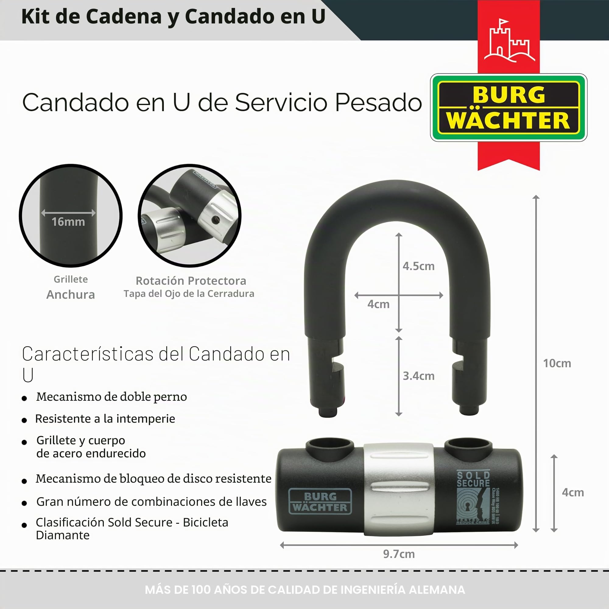 Burg-Wachter - Kit de cadena y candado para bicicleta (1,5 m), color negro