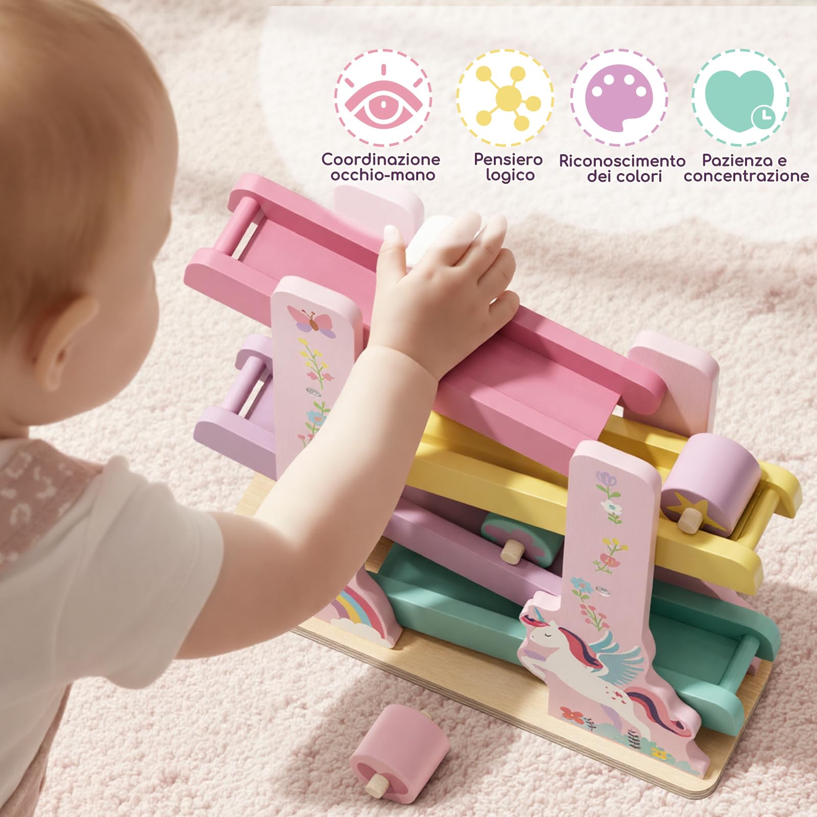Lehoo Castle Giocattoli Montessori 1 Anno, Rampa in Legno Unicorno per Bambina, Pista con 4 Roller, Gioco Educativo in Legno, Regalo Bambina 1 2 Anni