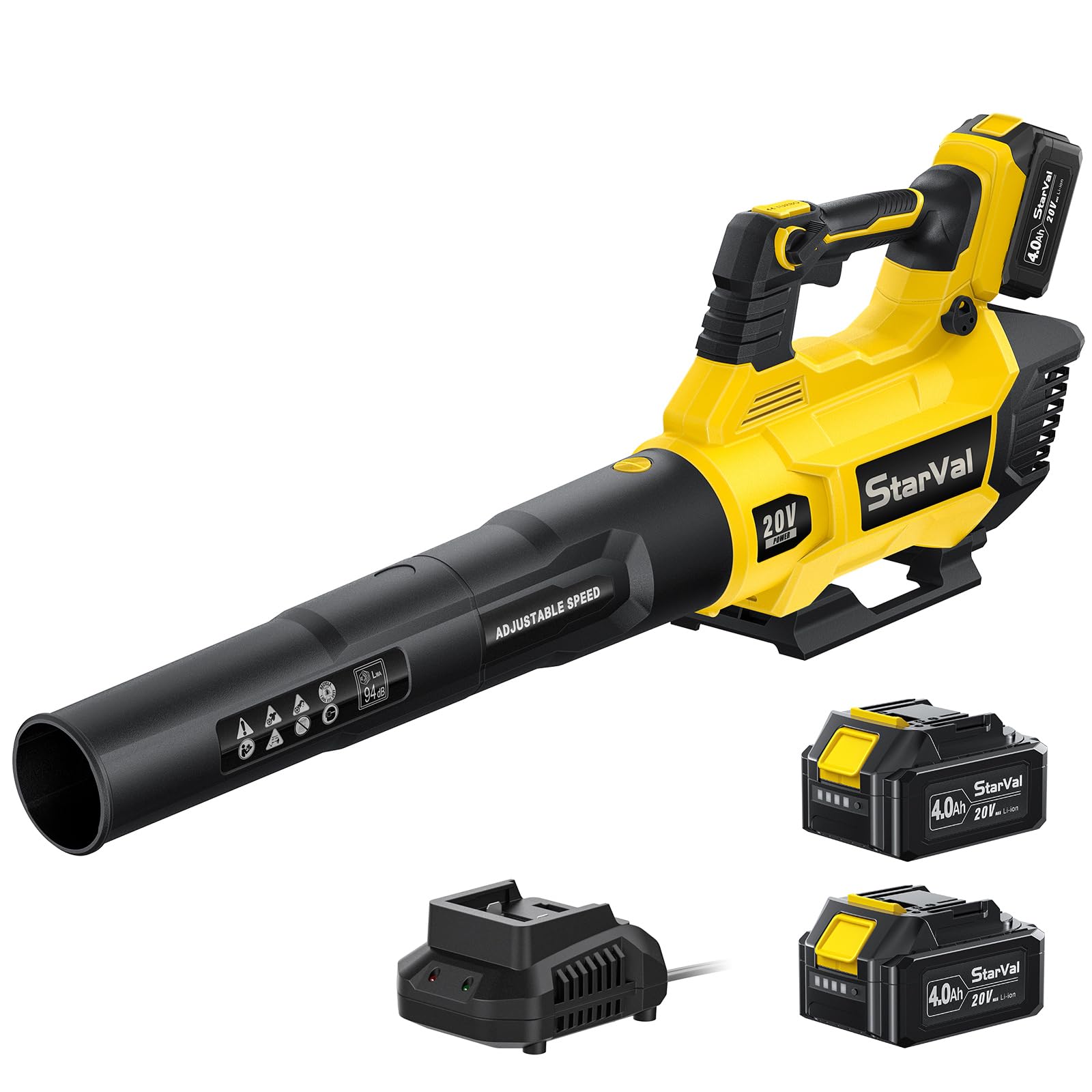 Leaf Blower, 20V Cordless Leaf Blower with 2 x 4.0Ah Battery and Charger, Lightweight Electric Blower with Turbo Mode for Leaf/Snow/Dust Blowing (Yellow)