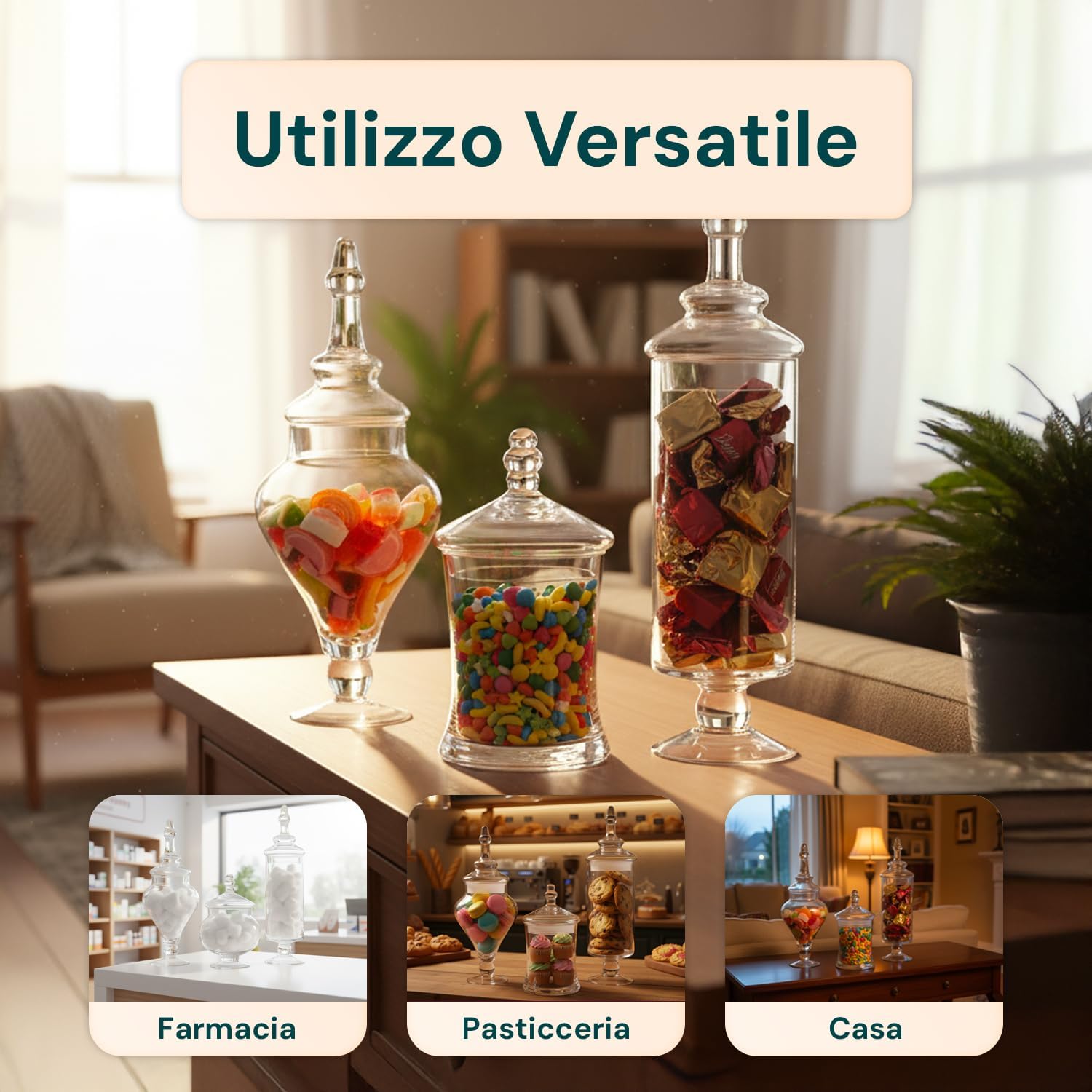 Wintem – Set 3 Contenitori Vetro con Coperchio Ermetico Trasparente per Alimenti, Ideali per Cucina, Dispensa e Buffet, Capacità Variabile Facili da Usare e dal Design Elegante
