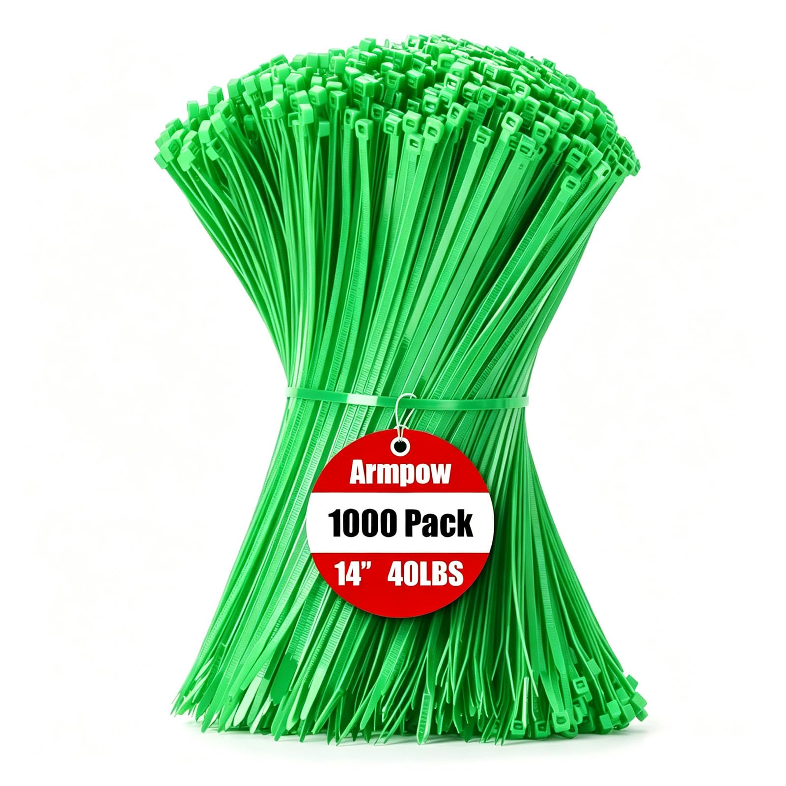 Armpow 14 Inch Zip Ties Green 1000 PCS, 40 Lbs- Heavy Duty Tensile Strength, Nylon PA66 UV Resistant Cable Ties for Indoor and Outdoor Use - Ideal for object bundling and fastening
