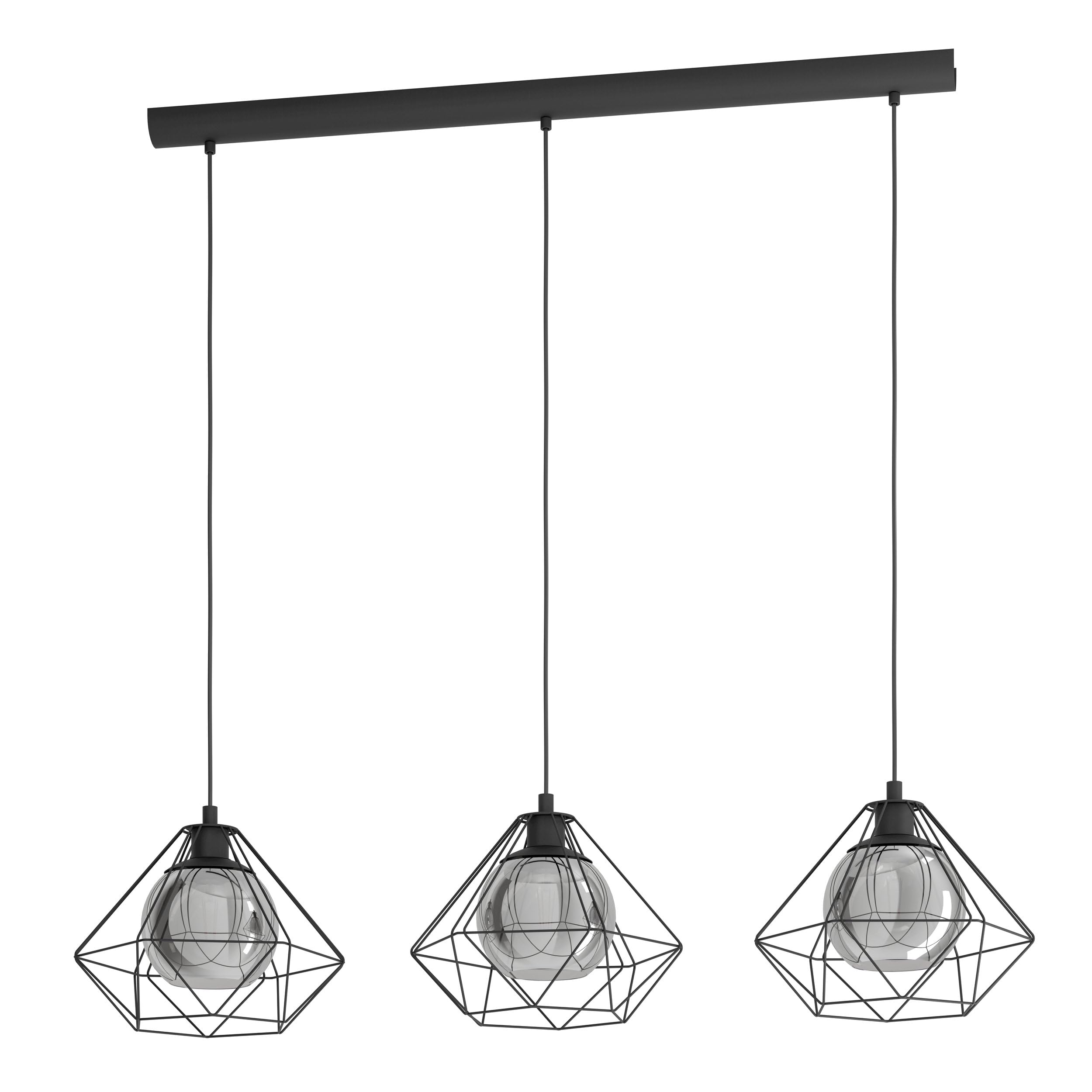 Eglo 3-Light Pendant Lamp Pendant Light Vernham, 3-Light Hanging Lamp Vintage, Industrial, Retro, Suspension Lamp Made Of Steel And Smoked Glass, Black, Dining Table Lamp Hanging With E27 Socket