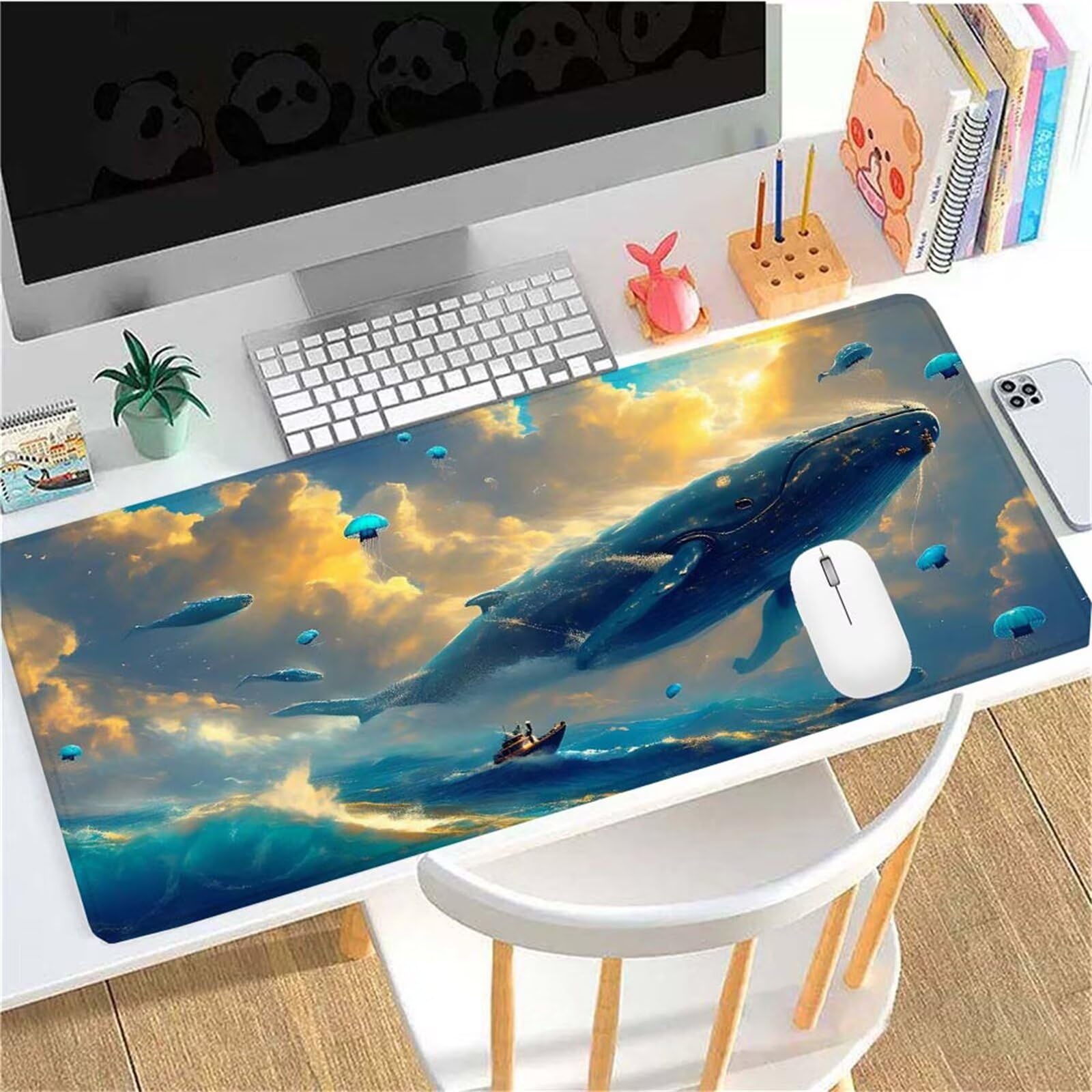 Alfombrilla Ratón Cielo Ballena Alfombrilla Ratón XXL 1400x600x3mm Mouse Pad Resiste Salpicaduras, Extendida de Gran Tamaño con Bordes Cosidos, Mejora la Precisión y la Velocidad, Antideslizante y-449
