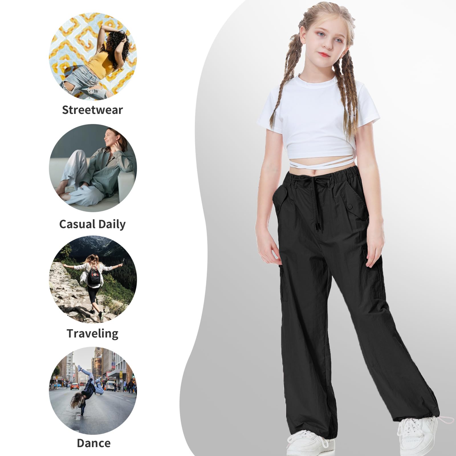 Rolanko Baggy Cargo Fallschirmhose für Mädchen, Y2K Vintage Jogger mit Verstellbarer Elastischer Taille für Kinder Fit