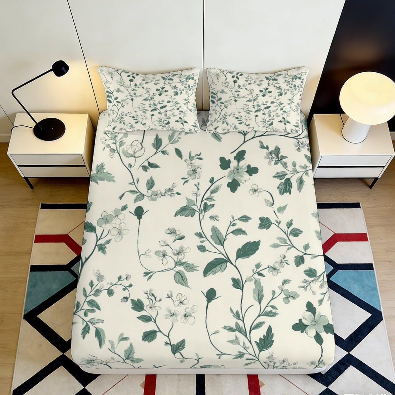 3D Printed Floral Fitted Sheet Microfiber Soft Breathable Botanical Mattress Cover for Bedroom Dormitory Guest Room Mattress Protection Decor 160x200x25cm