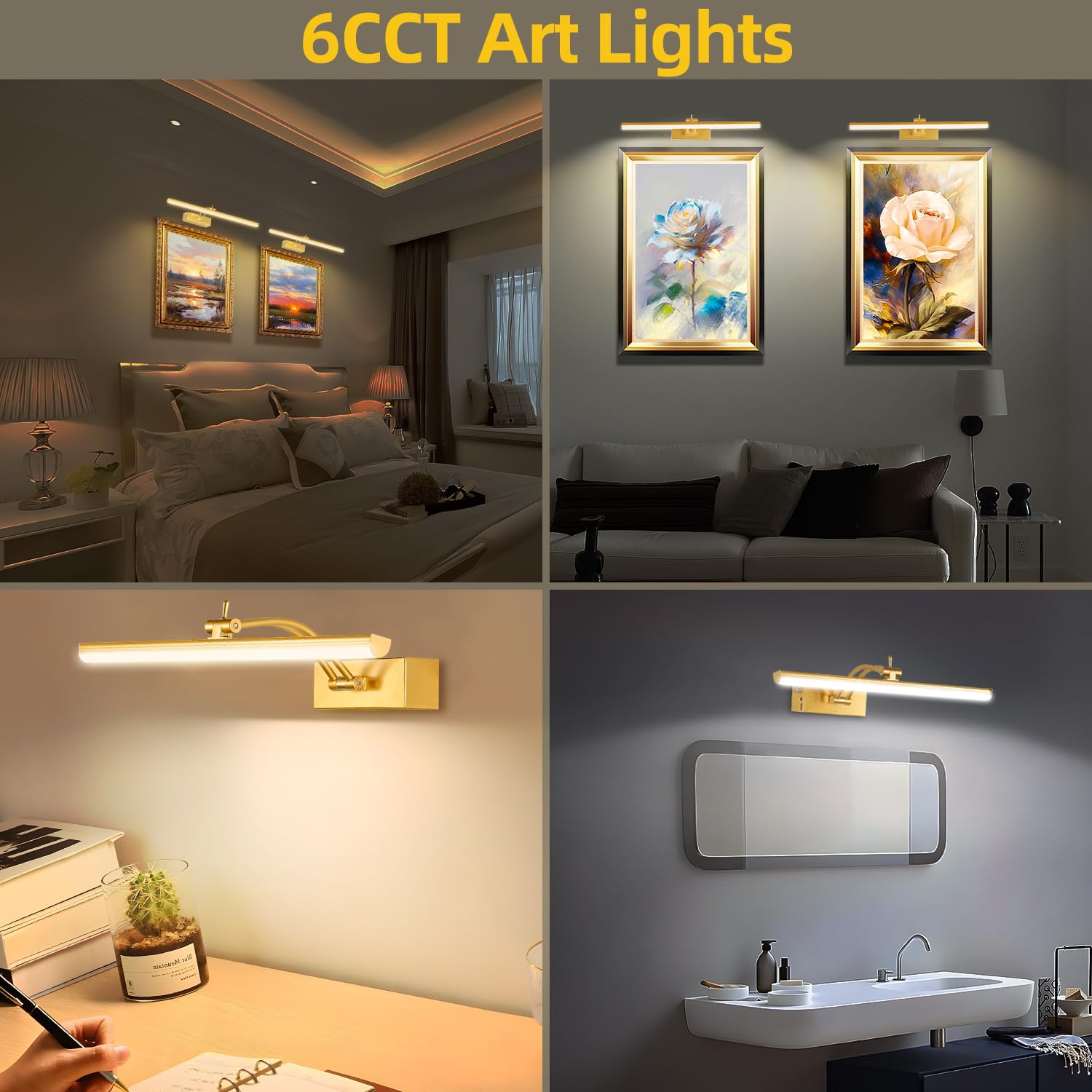 Bilderleuchten in 6 Farben, batteriebetrieben mit Fernbedienung, 40,6 cm, kabellos, wiederaufladbar, Malleuchten mit Timer für Wand, 6 CCT dimmbare Display-Lichter für Kunstgalerie,