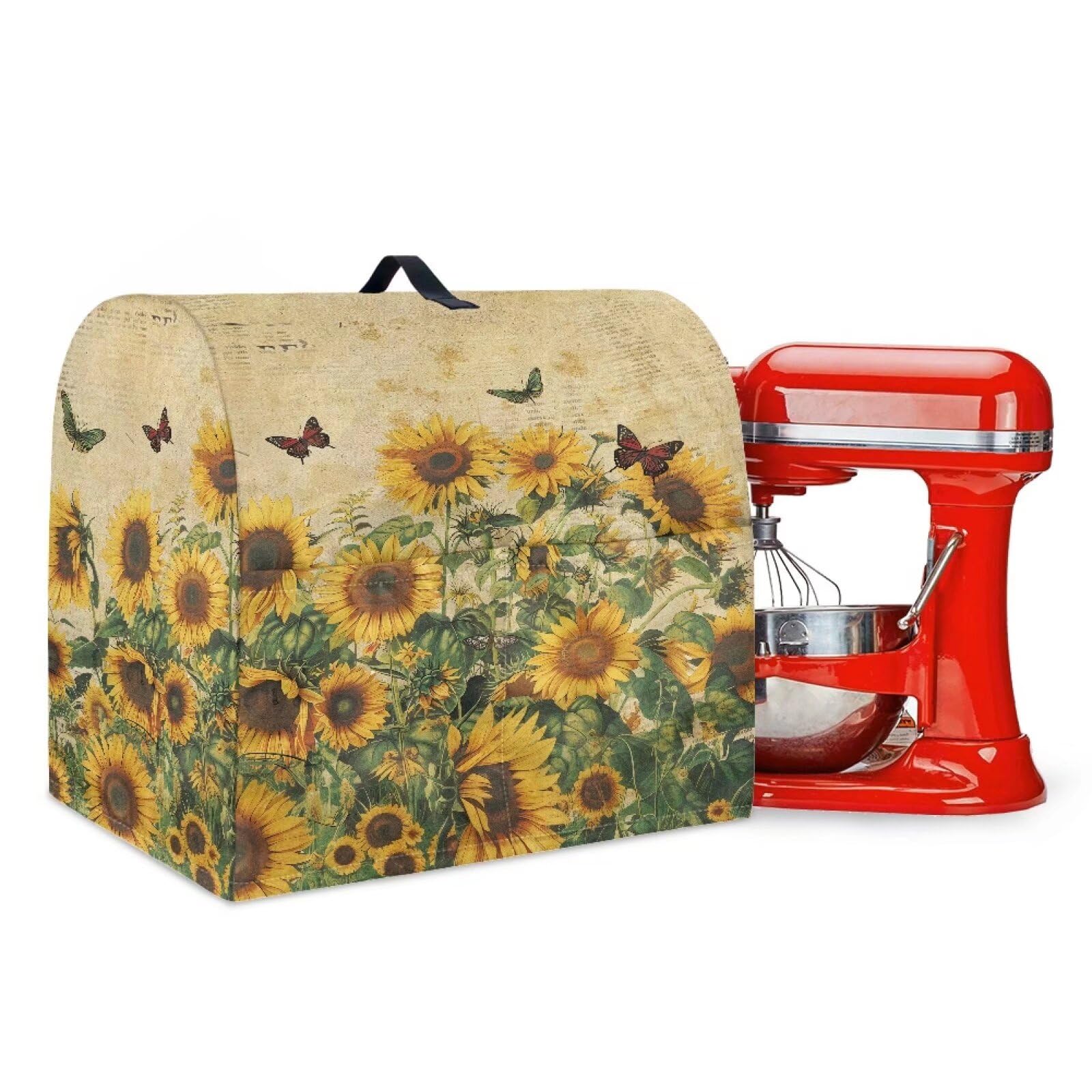Talayituse Retro Sunflower Butterfly Print Mixer Cover for Kitchen Aid Tilt Head Artisan 4.5-5 Qt Stand Mixer Protective Covers with Storage Pocket, Mixer Organizer Accessories with Handle, Small