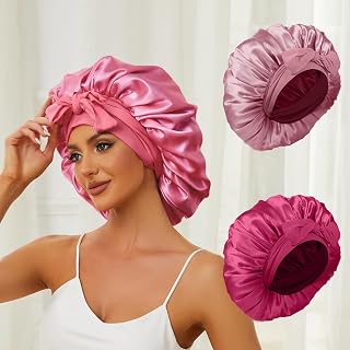 2Pcs Silk Bonnet for Sleeping, Bonnets for Women with Tie Band, Silk Bonnet Overnight Hair Protection