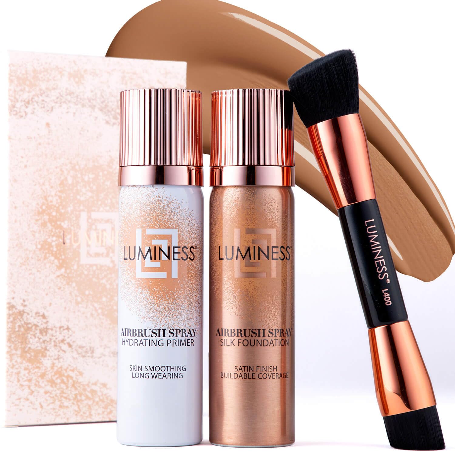 LUMINESS Airbrush Spray Silk Foundation Starter Kit - Warm Deep - Foundation, Primer & Dual-Sided Angled Buffing Brush - Medium, Buildable Coverage, Anti-Aging Formula Hydrates & Moisturizes
