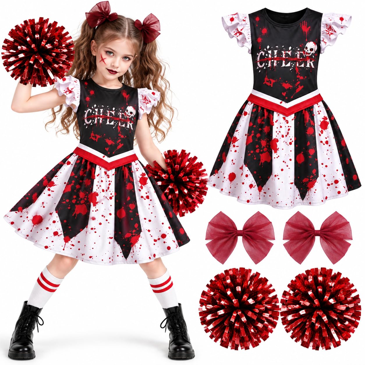 Girl Scary Bloody Cheerleader Costume, Zombie Cheerleader Costume for Halloween Dress Up Parties