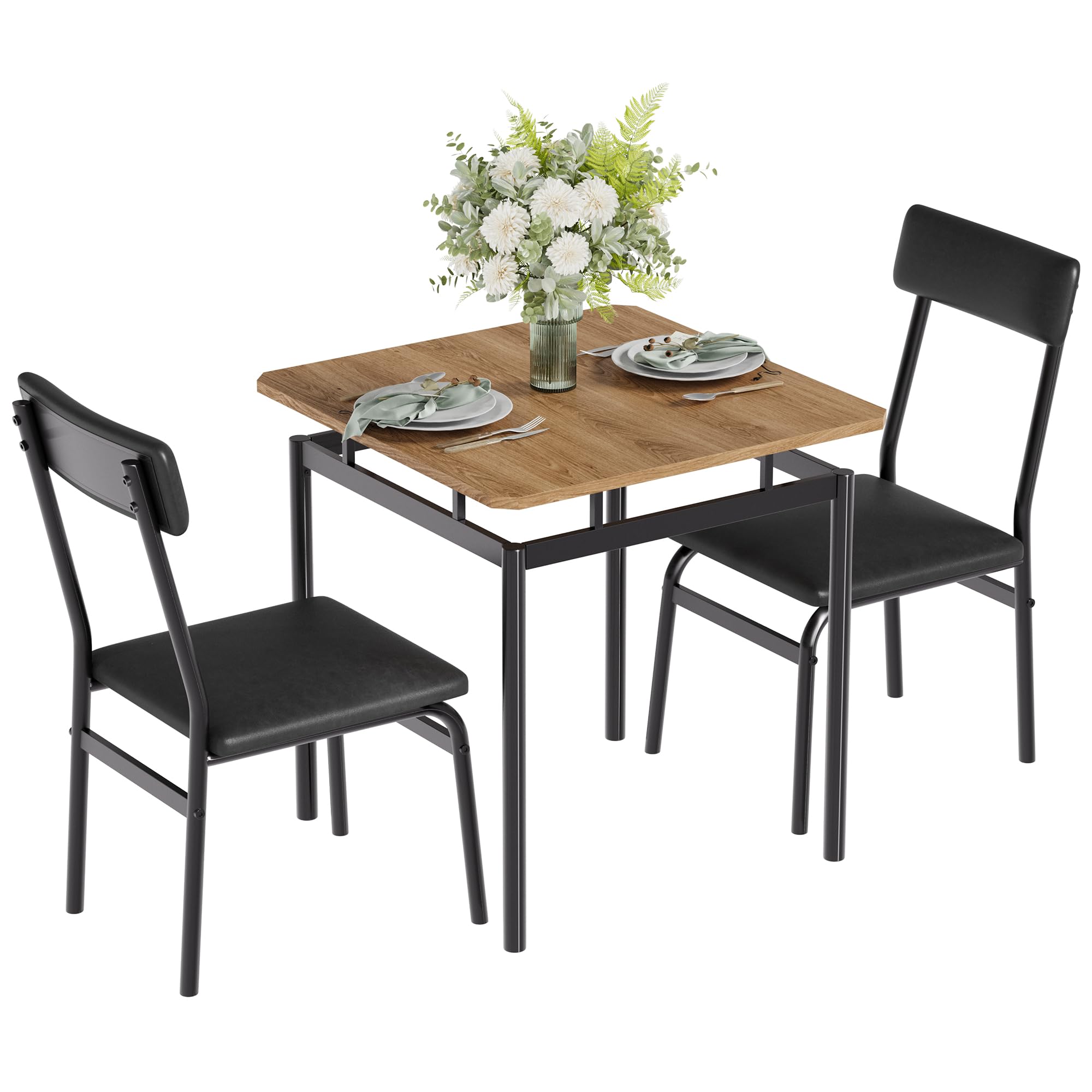 garvee 3 piece dining table set, kitchen table set for 2 with 2 pu upholstered chair, industrial metal frame dinette set for small space, dining room, apartment, studio, black