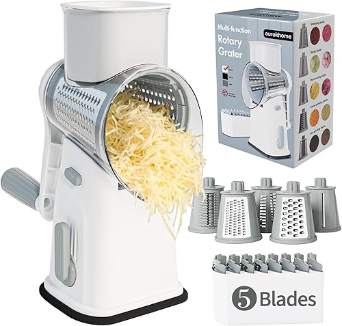 Miniatura 1 de Ourokhome Rallador rotativo de queso, triturador de queso, rebanador de verduras mandolina con 5 cuchillas intercambiables y base de succión fuerte